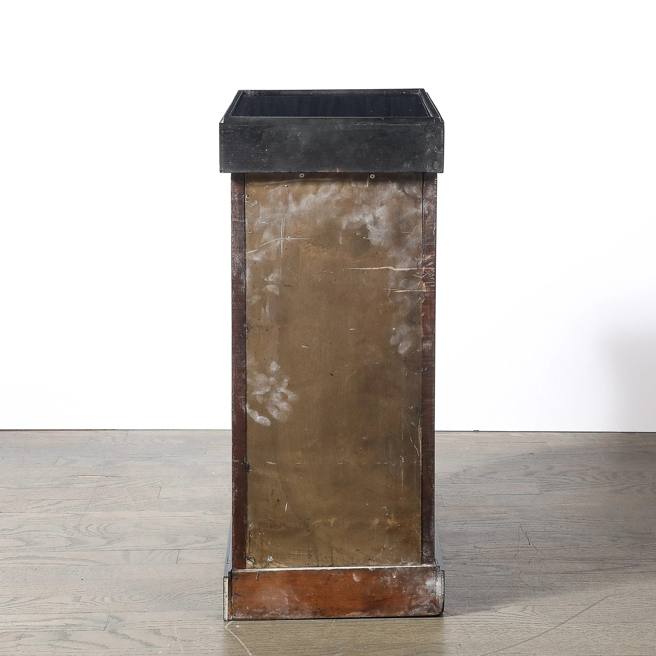 Pair of Art Deco Pedestals in Fluted Walnut & Black Lacquer Bases w: Glass Tops - High Style Deco 10.jpg