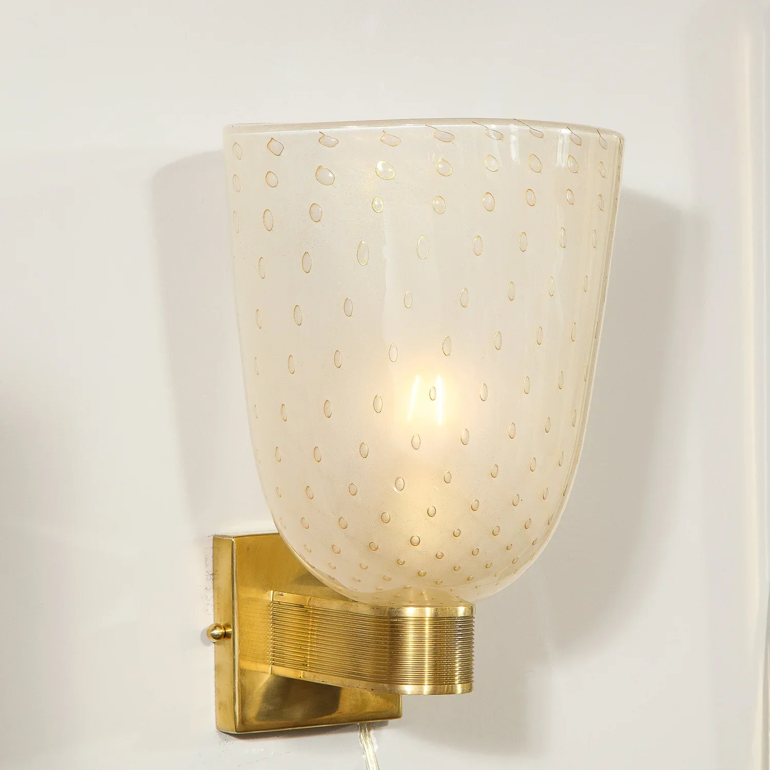 Modernist+Handblown+Murano+Glass+and+24kt+Gold+Sconces+with+Reeded+Brass+Arm+-+High+Style+Deco+7.webp