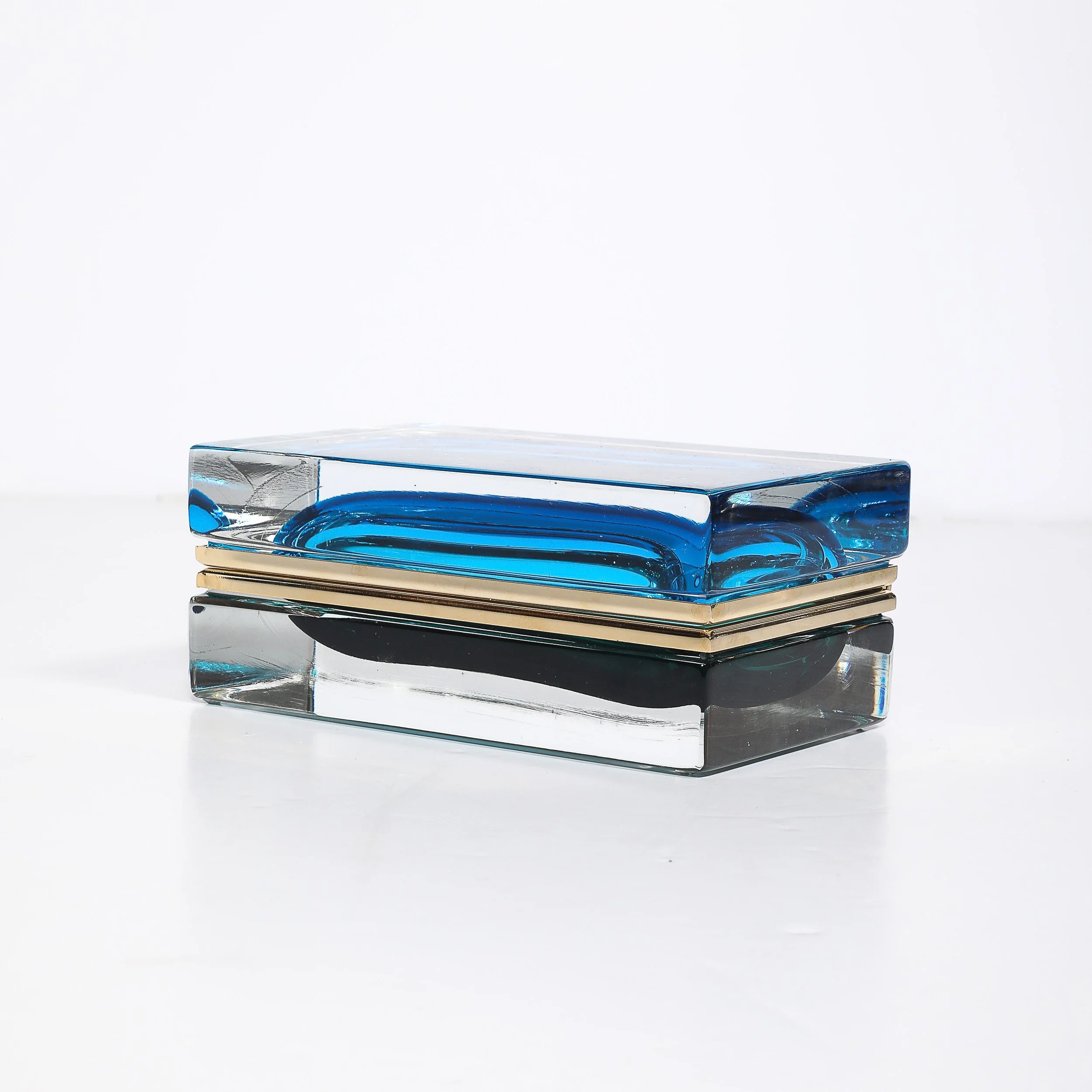 Modernist Hand-Blown Murano Glass Box in Ultramarine & Phthalo w: Polished Brass - High Style Deco 2.jpg