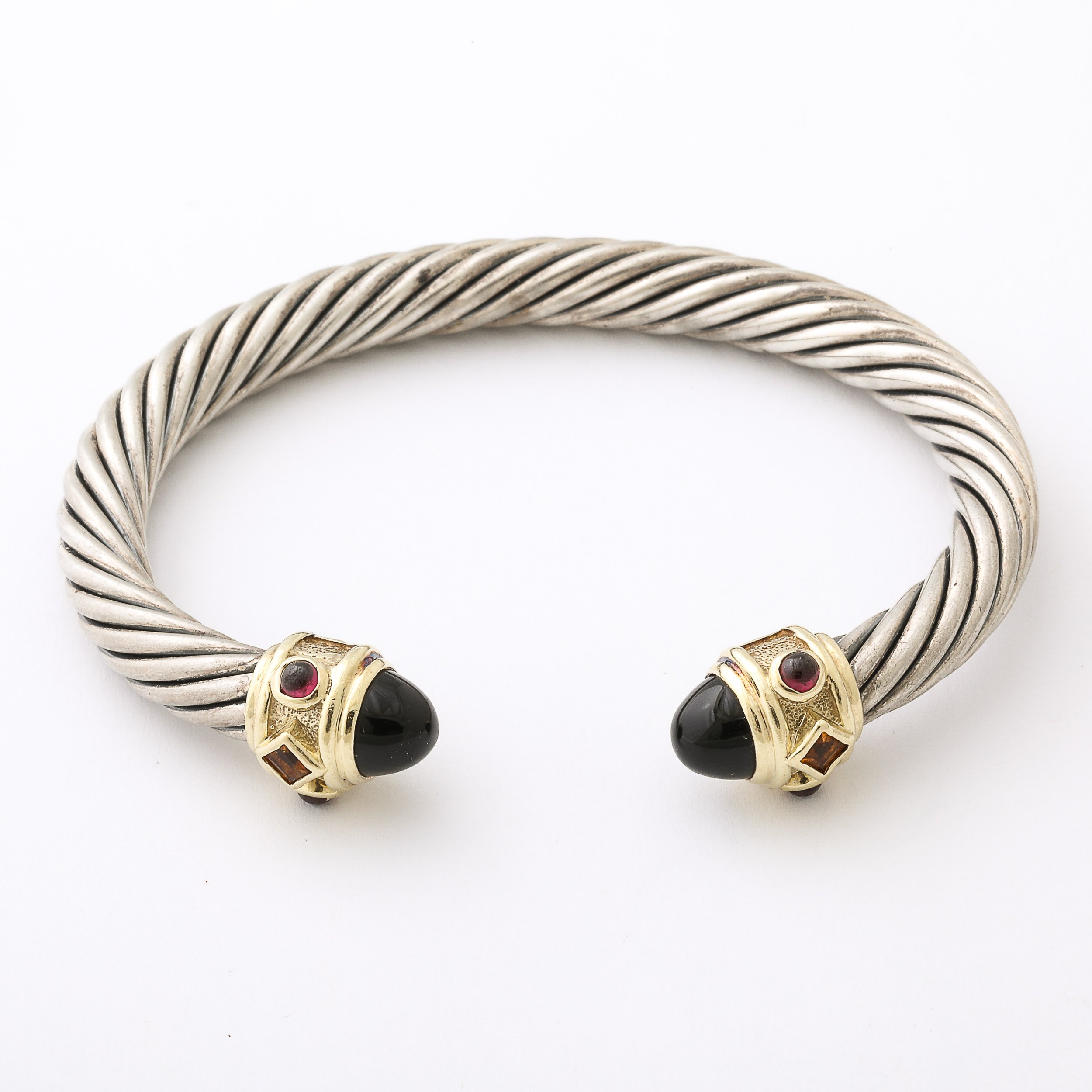 Modernist Sterling Silver, 14K Gold, Onyx, Garnet Cable Bracelet by David Yurman - High Style Deco 8.jpg