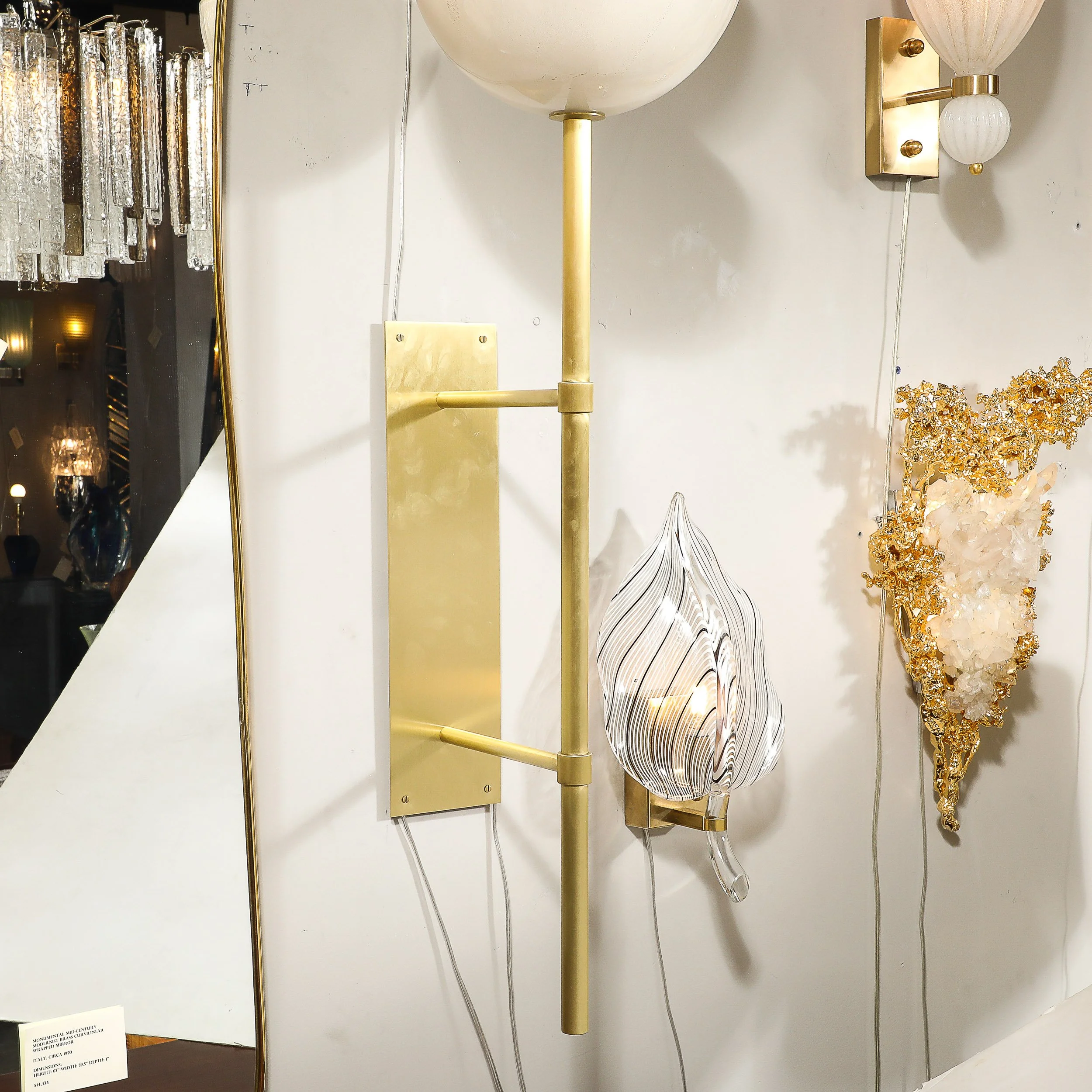 Modernist Hand-Blown Murano Glass Reverse Dome Form Brushed Brass Sconces - High Style Deco 15.jpg