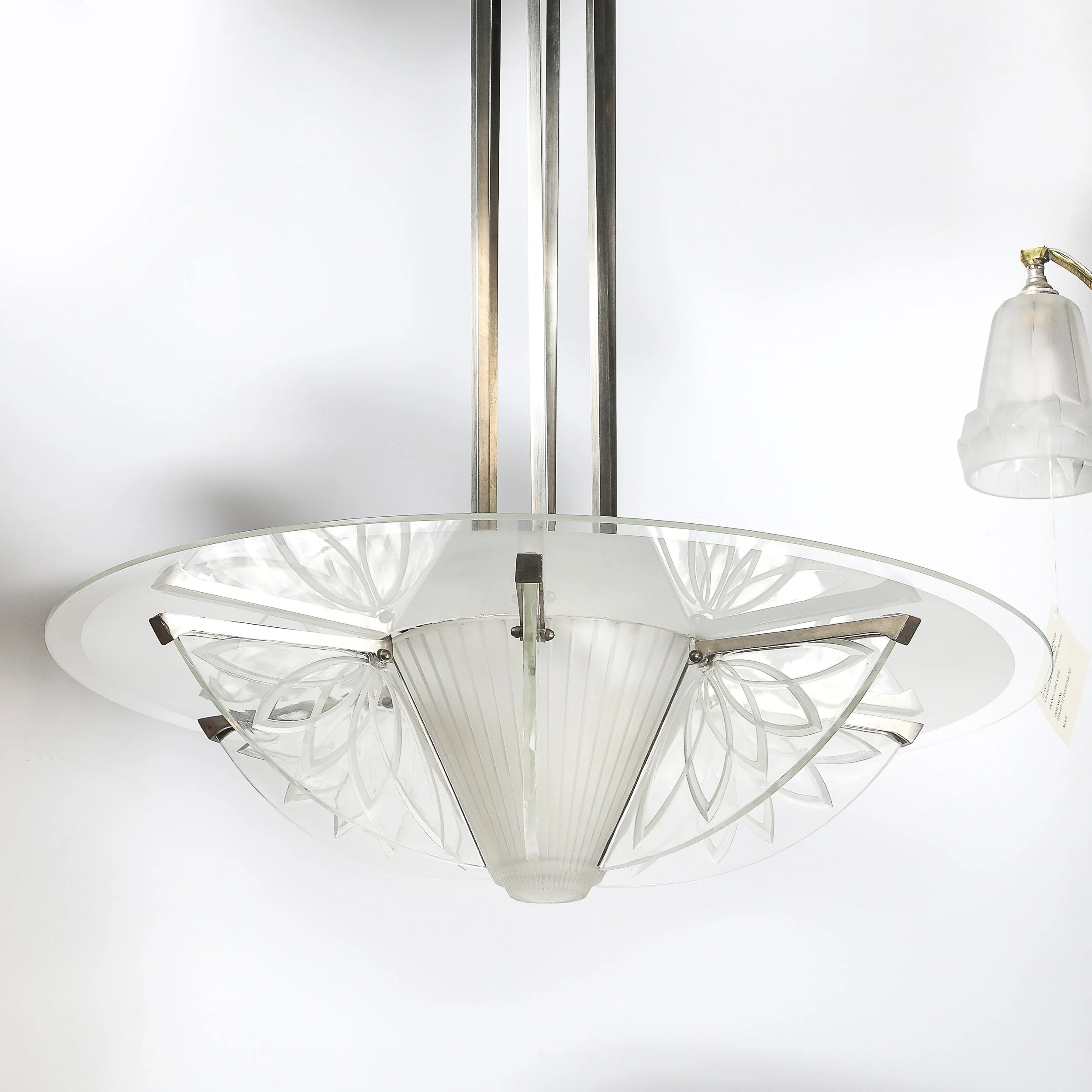 Art Deco Machine Age Frosted, Etched Glass & Nickel Chandelier by Pierre D'Avsen - High Style Deco 16.jpg