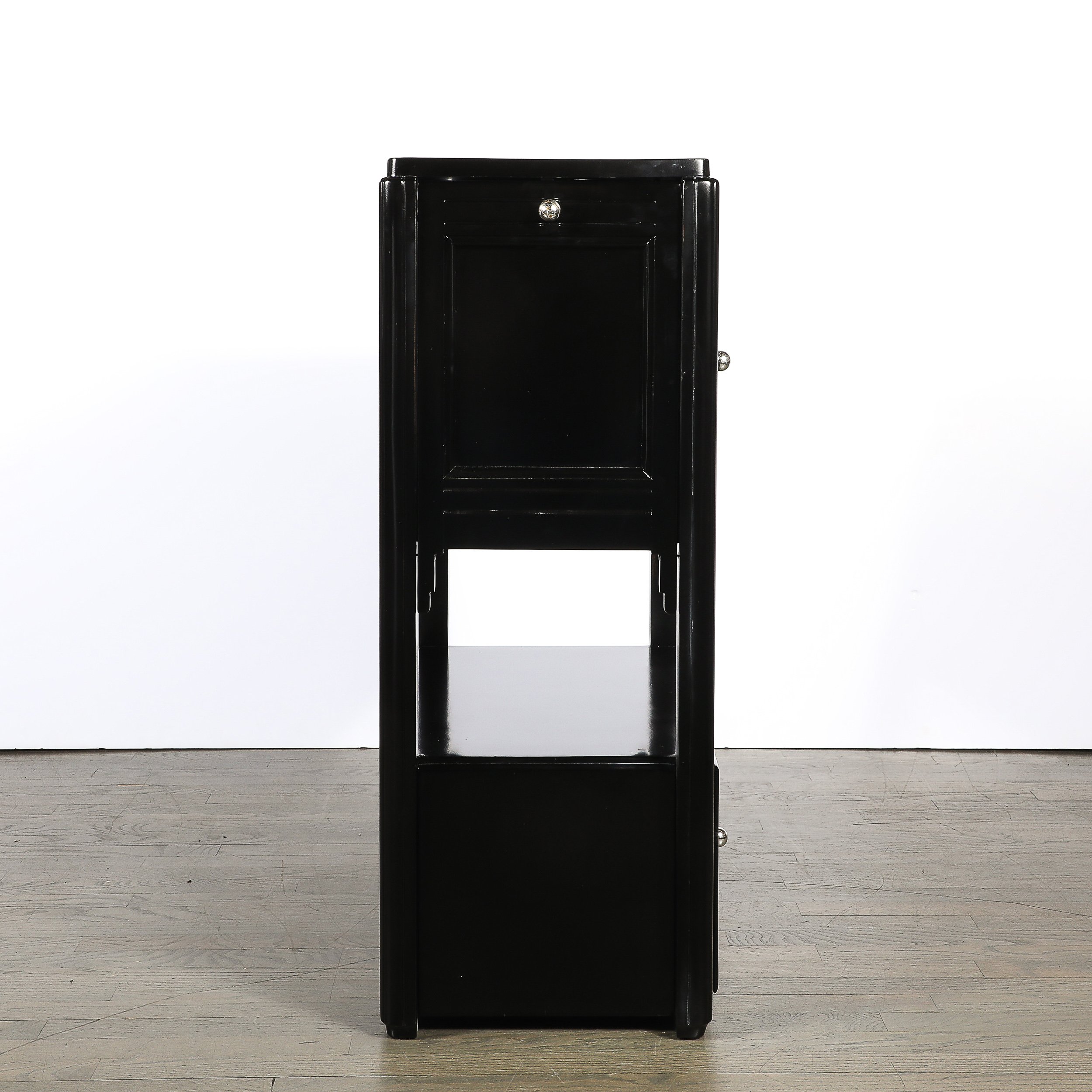 Art Deco Machine Age Bar Cabinet in Black Lacquer with Swivel and Drop Doors - High Style Deco 14.jpg (Copy)