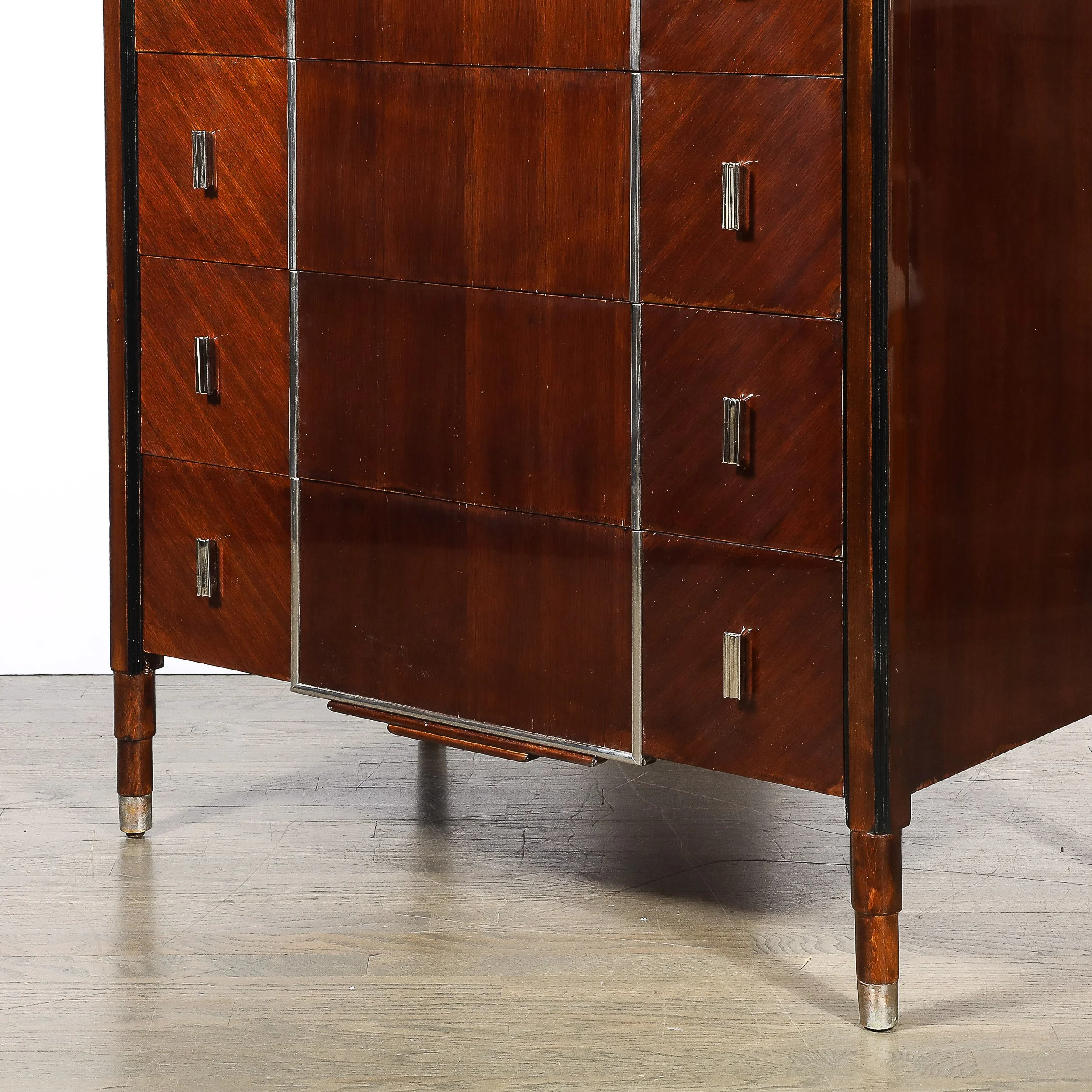 Art Deco Machine Age High Chest in Bookmatched Walnut, Black Lacquer & Chrome - High Style Deco 5.jpg