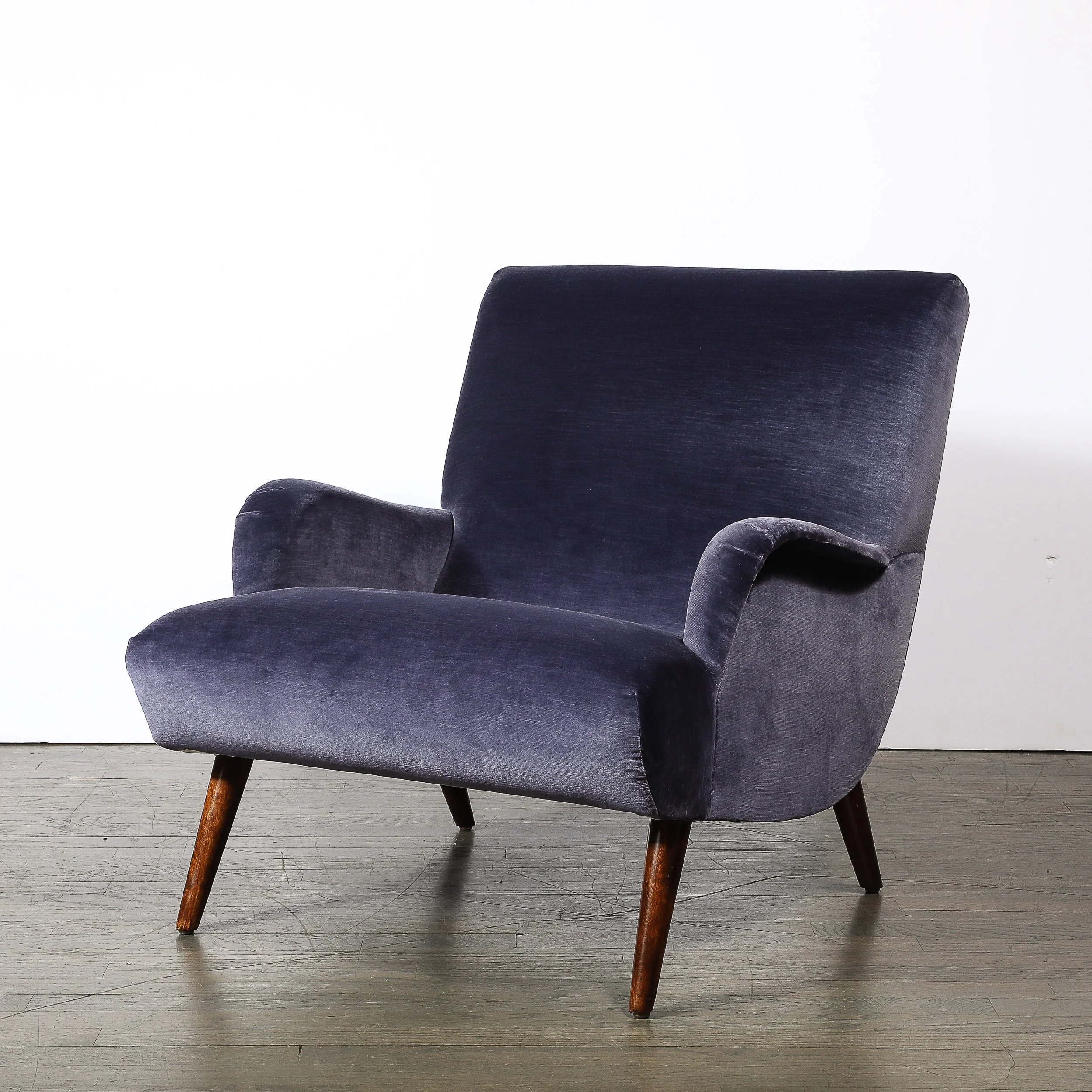 Mid-Century Lounge Chair & Ottoman in Aubergine Velvet & Tapered Walnut Supports - High Style Deco 7.jpg