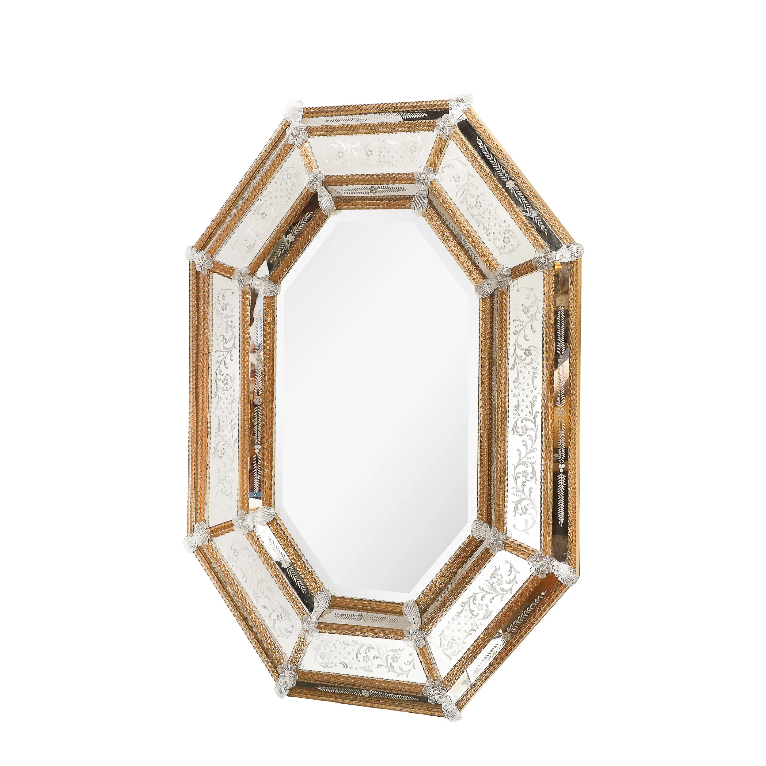 Mid-Century Octagonal Amber Glass & Transparent Floret Venetian Glass Mirror - High Style Deco.jpg