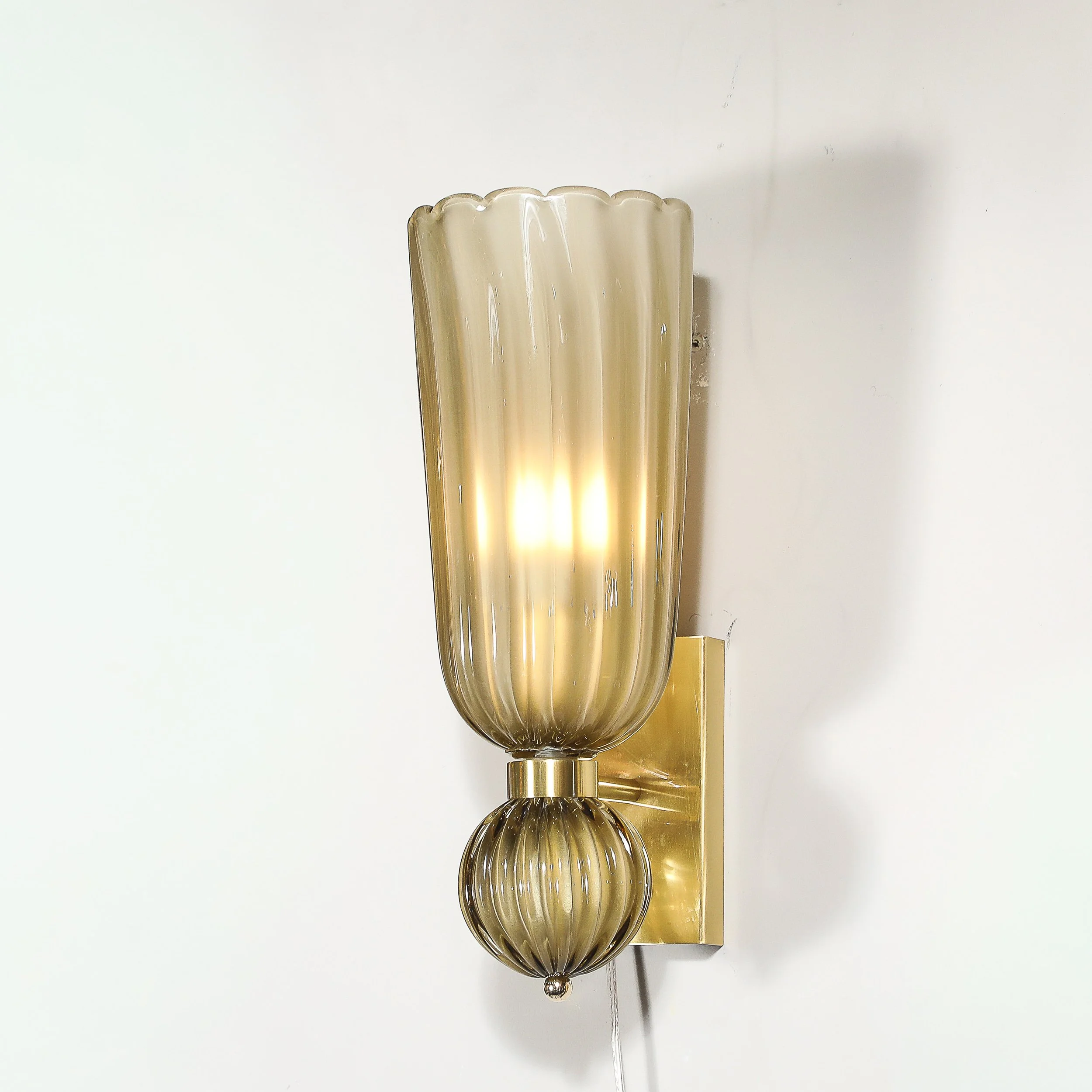 Pair of Modernist Hand-Blown Murano Fluted Glass Sconces in Frosted Smoked Topaz - High Style Deco 2.jpg