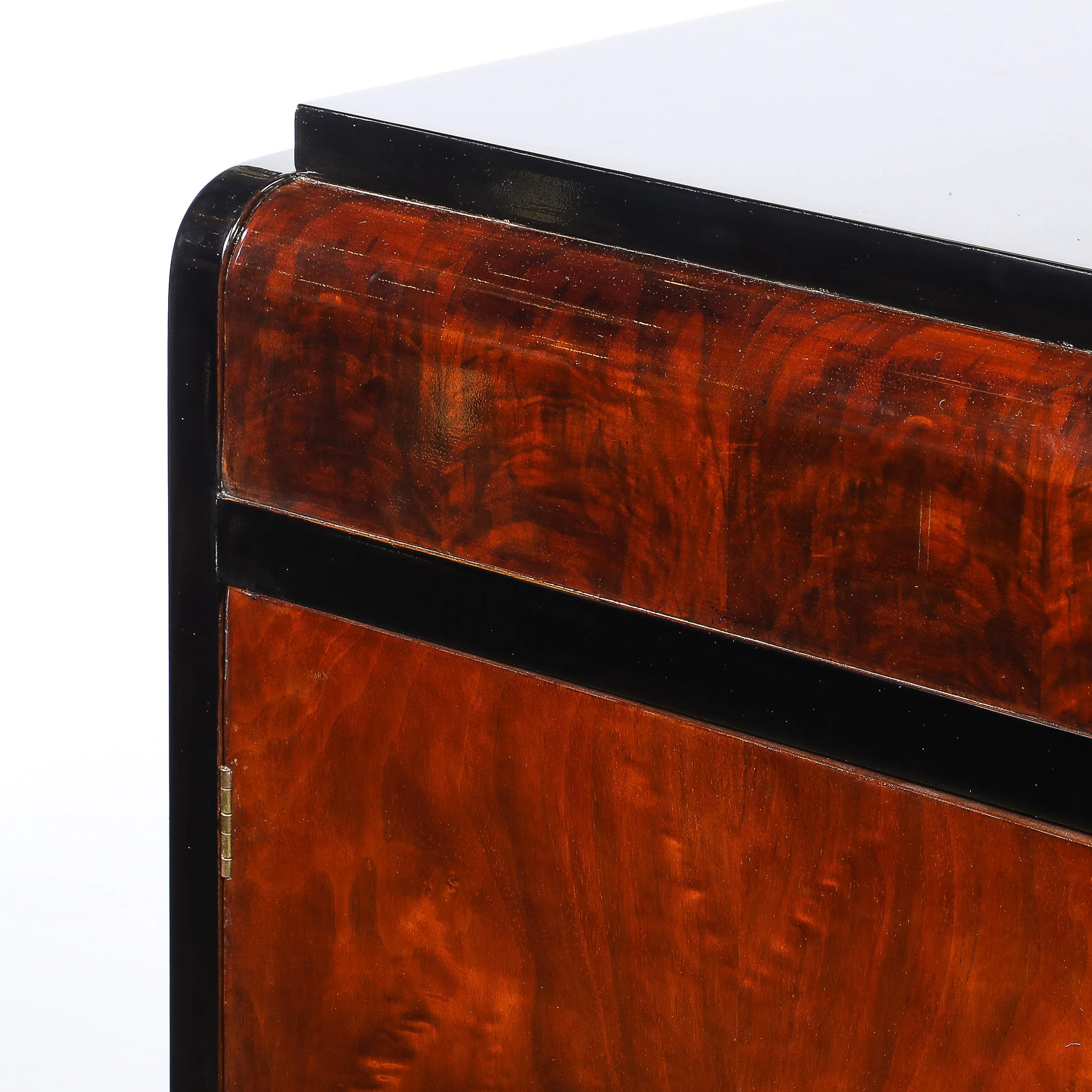 Art Deco Machine Age Waterfall Front Book-Matched Walnut & Black Lacquer Cabinet - High Style Deco 10.jpg