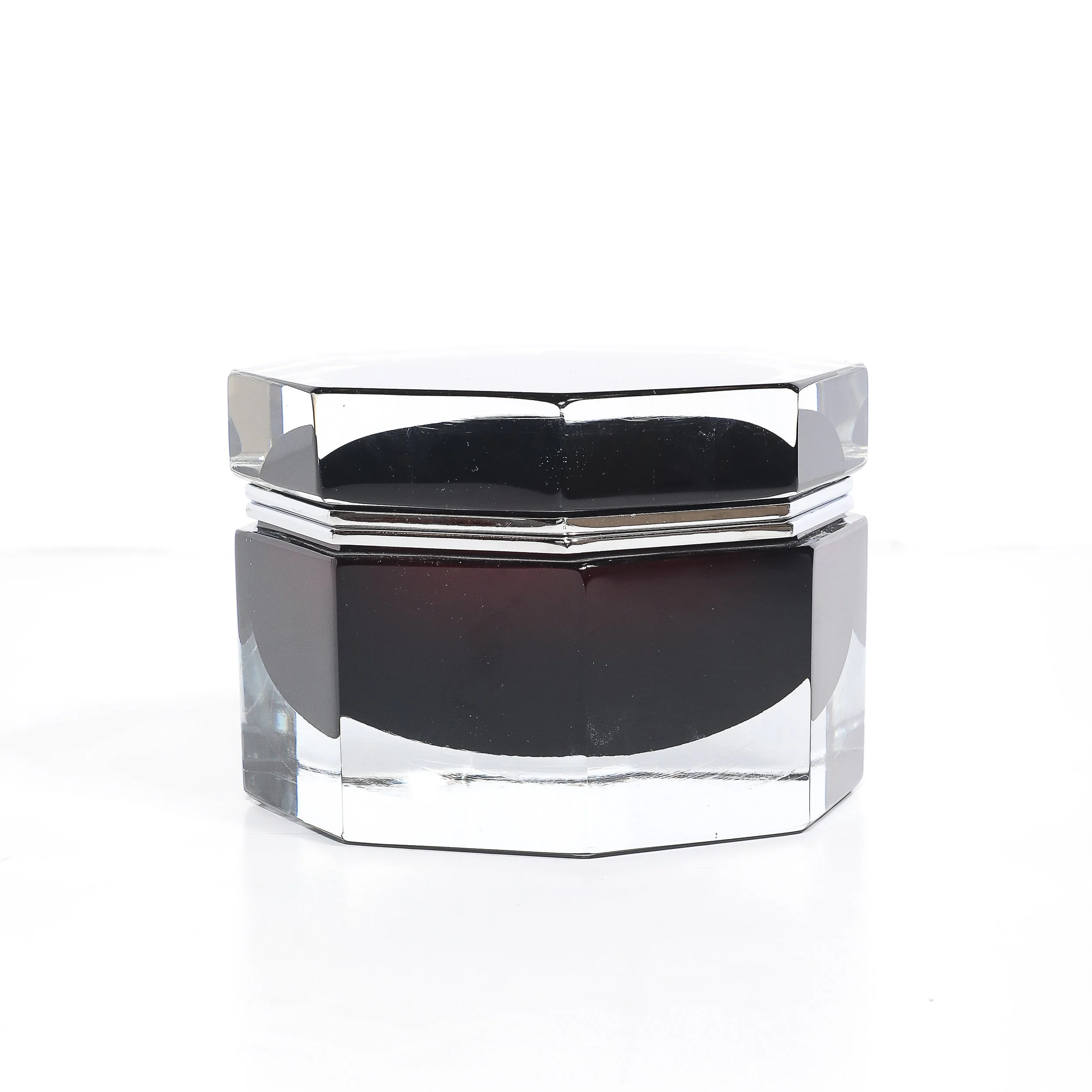 Modernist Octagonal Hand-Blown Blackened Garnet Murano Glass Box w: Nickel - High Style Deco 3.jpg