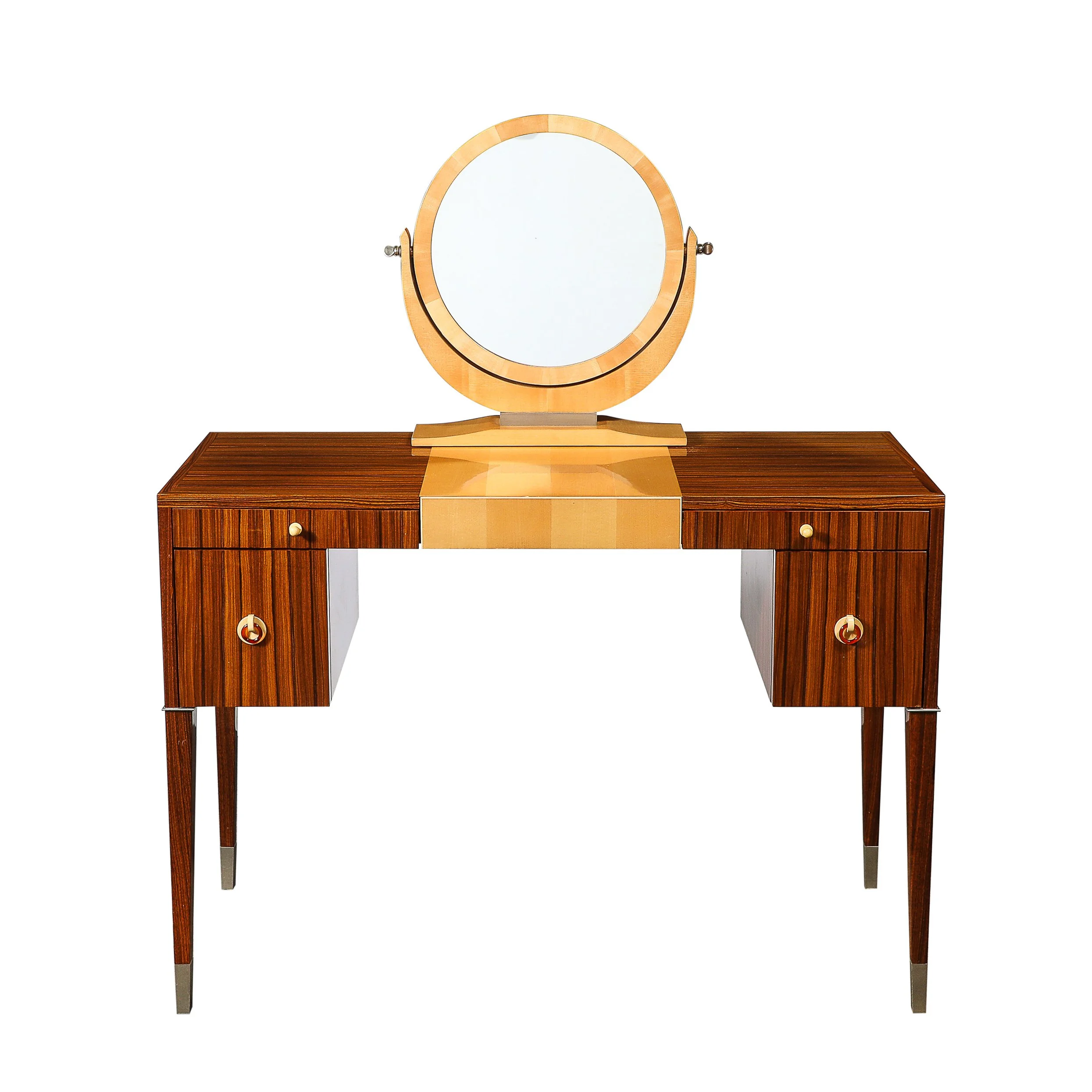 Art Deco Style Rosewood & Sycamore Vanity w: Bakelite, Mirror & Nickel Sabots - High Style Deco.jpg