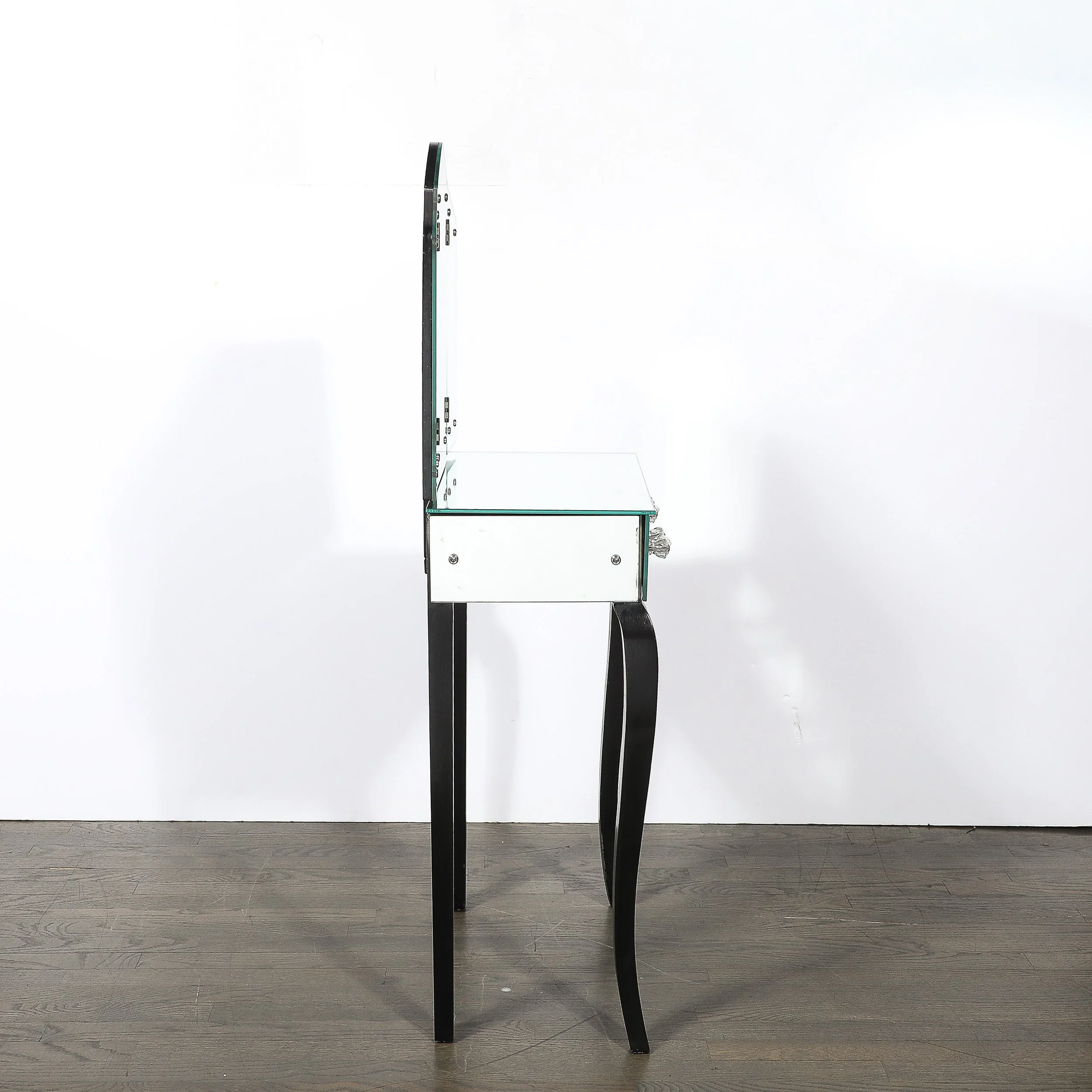 Art Deco Hollywood Mirrored Trifold Ebonized Cabriole Leg Vanity w: Glass Pulls - High Style Deco 13.jpg