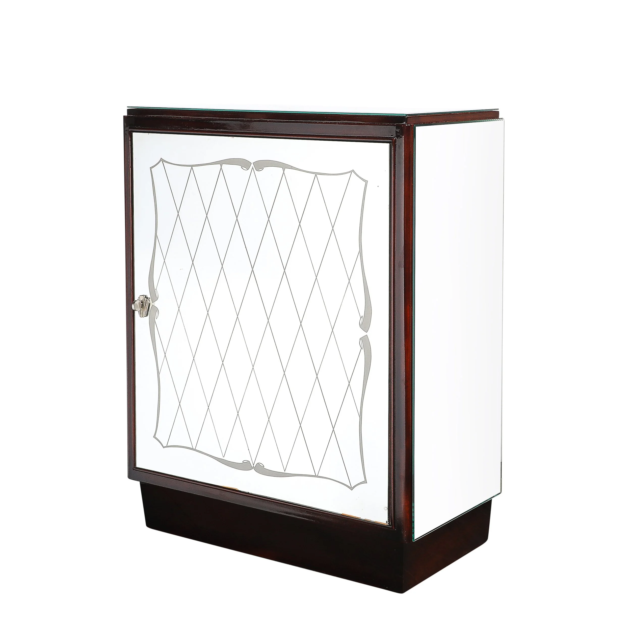 Art Deco Directoire Style Walnut, Mirrored & Reverse Etched Detail Bar Cabinet