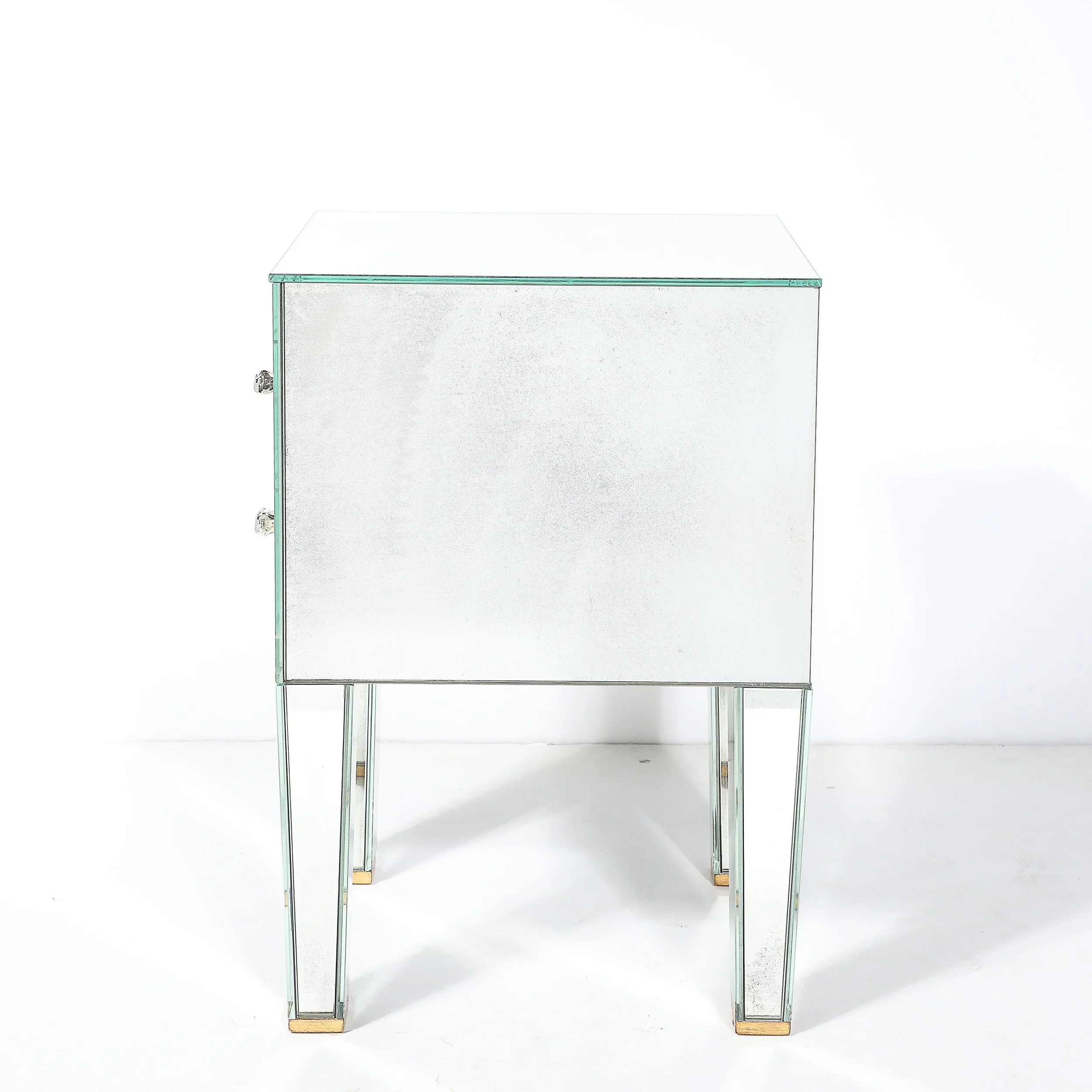 Modernist End Table:Nightstand in Tessellated Mirror w: Sculptural Hand Pulls - High Style Deco 13.jpg