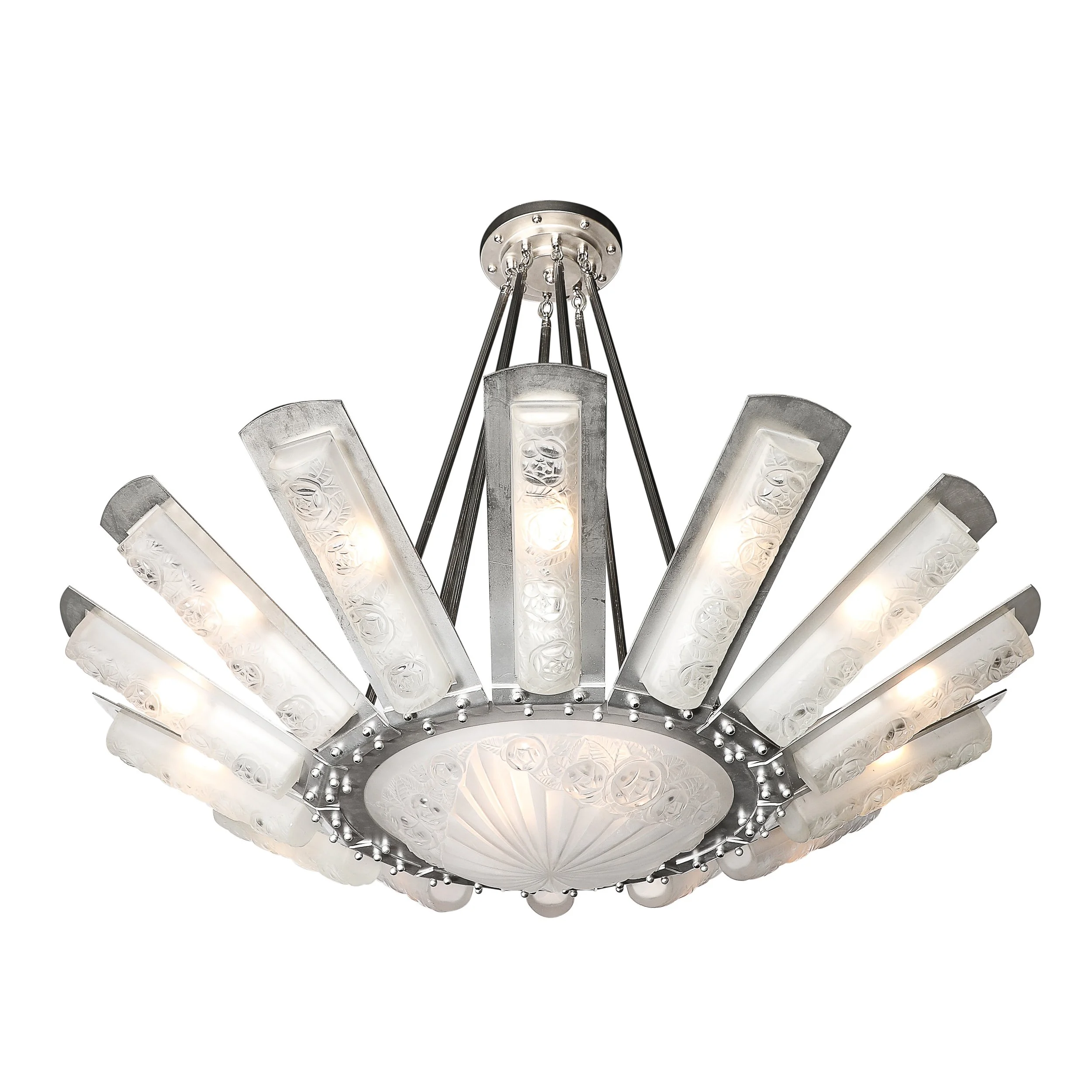 Art Deco Geometric Frosted Glass Starburst Pendant Chandelier signed Degué - High Style Deco.jpg