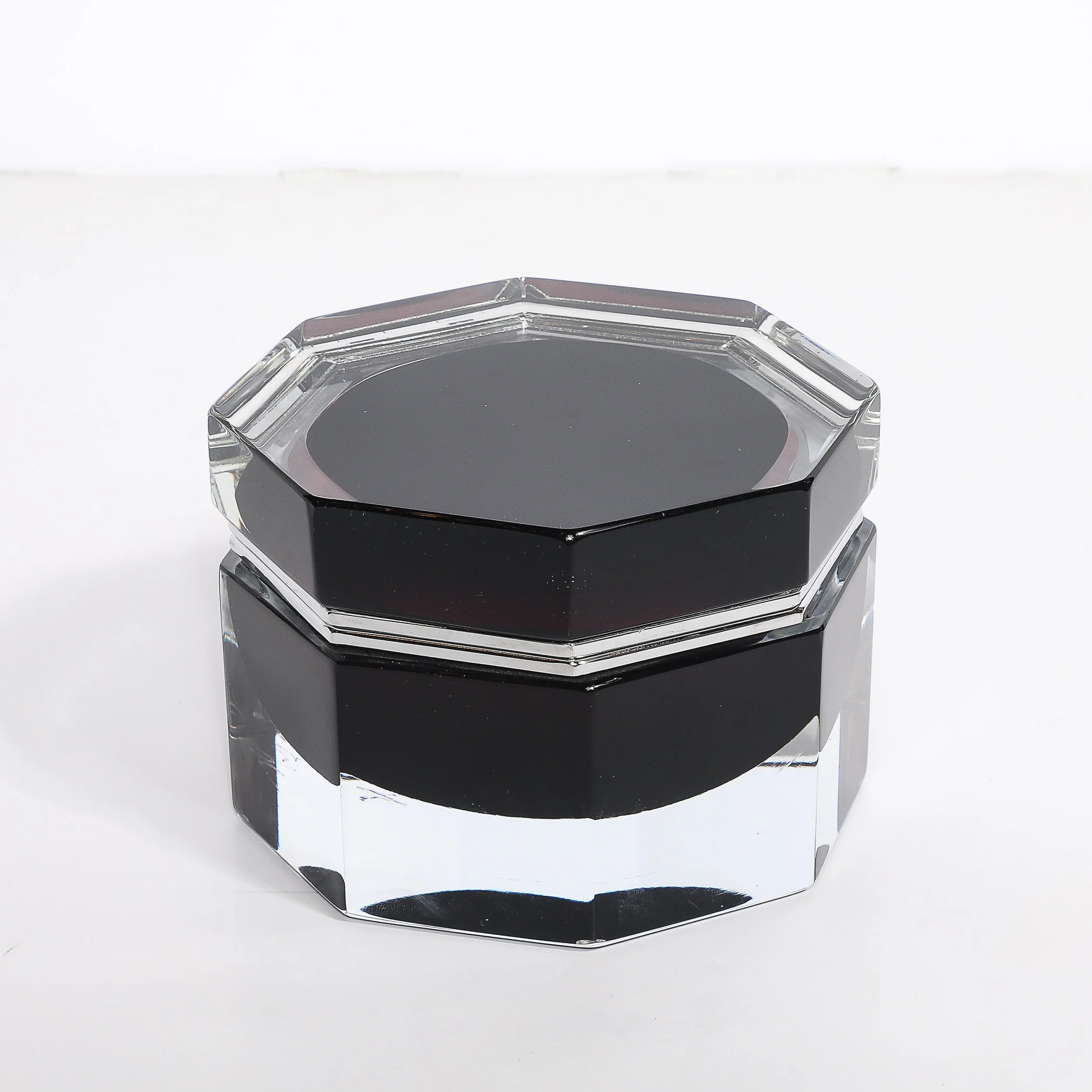 Modernist Octagonal Hand-Blown Blackened Garnet Murano Glass Box w: Nickel - High Style Deco 1.jpg