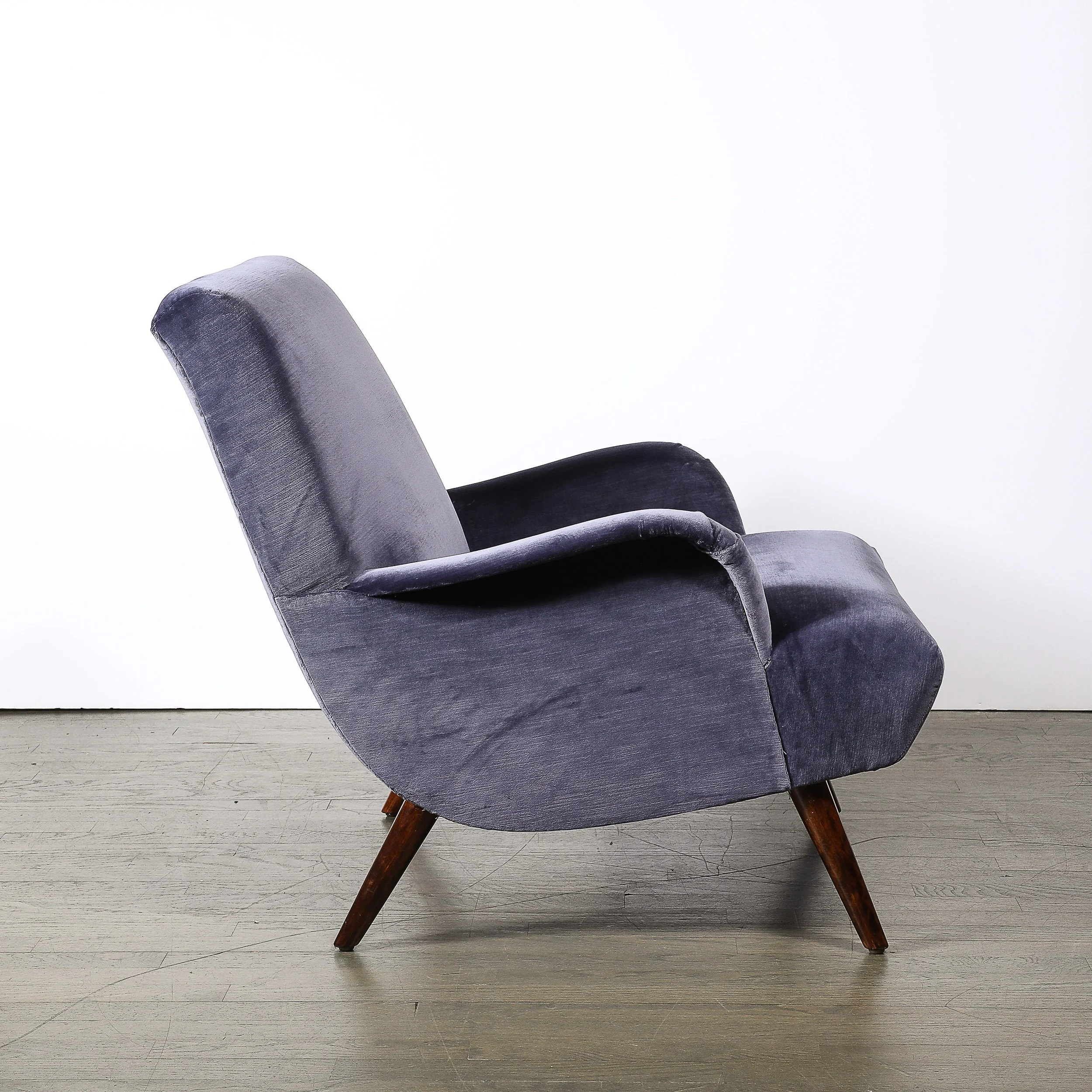 Mid-Century Lounge Chair & Ottoman in Aubergine Velvet & Tapered Walnut Supports - High Style Deco 10.jpg