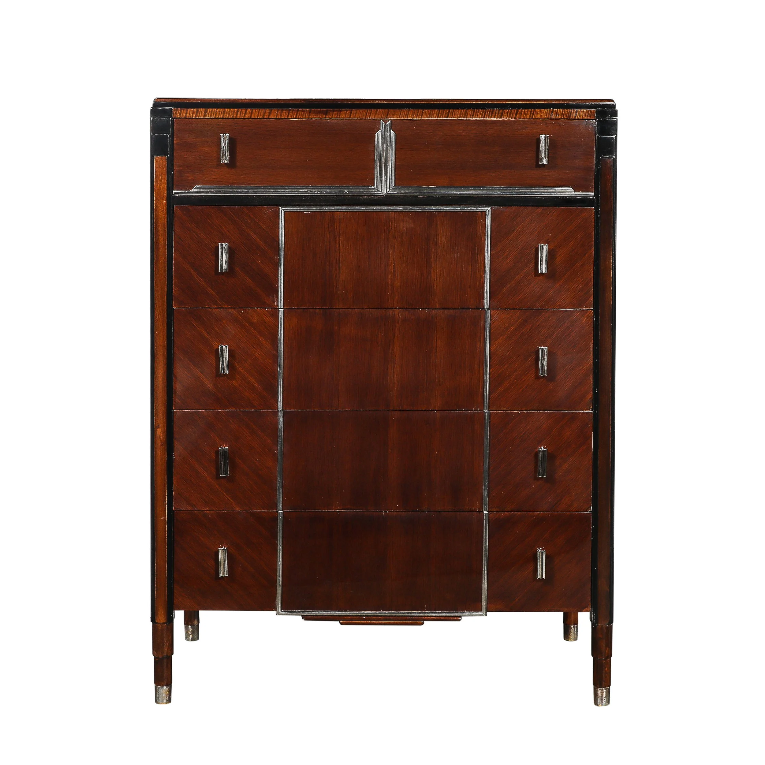 Art Deco Machine Age High Chest in Bookmatched Walnut, Black Lacquer & Chrome - High Style Deco 1.jpg