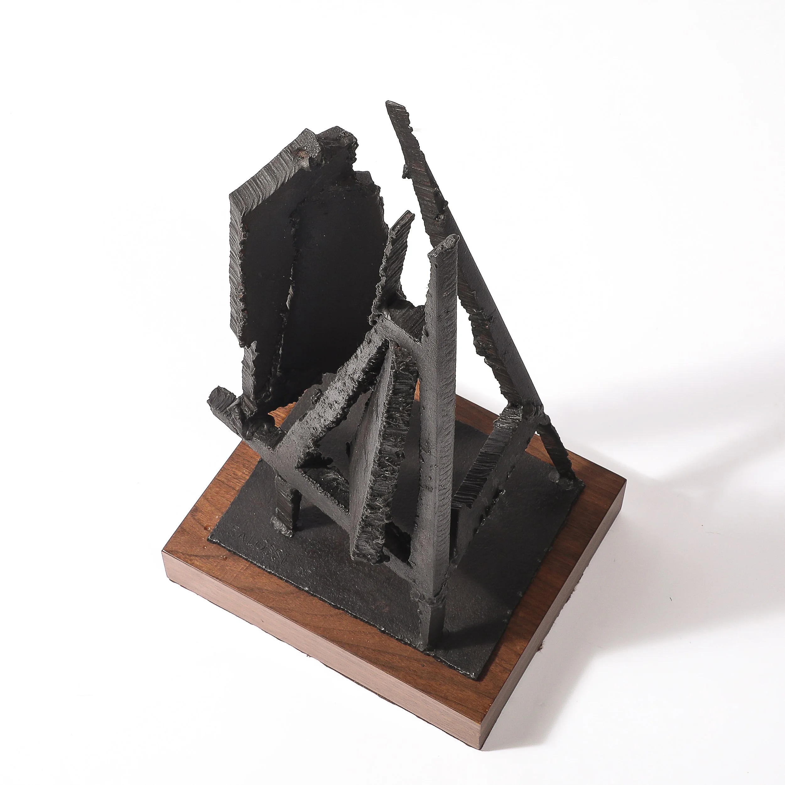 Mid-Century Torch Cut Steel Brutalist Sculpture on Walnut signed John Balossi  - High Style Deco 13.jpg