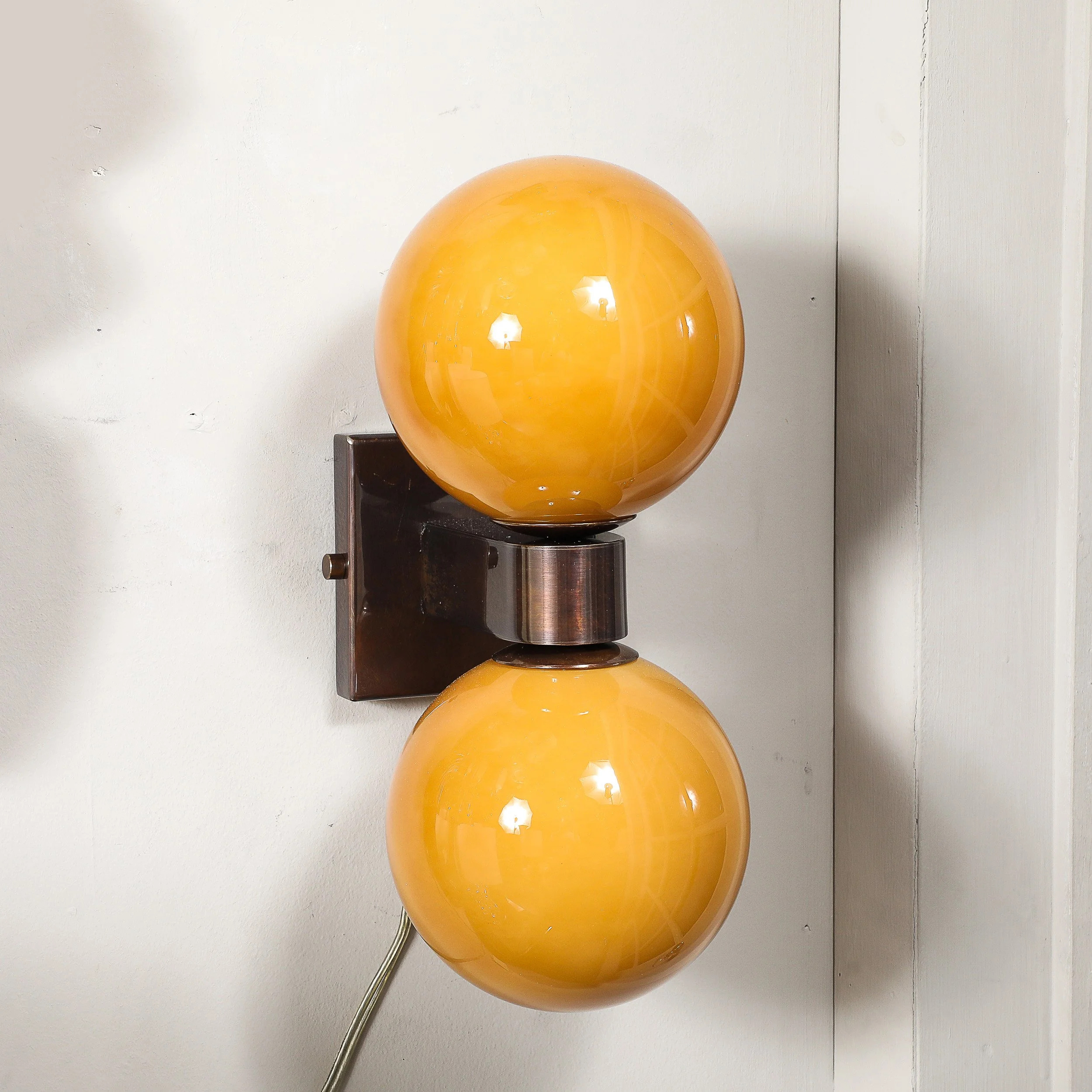 Modernist Hand-Blown Murano Smoked Golden Moon Hue Glass Double Sphere Sconces - High Style Deco 7.jpg