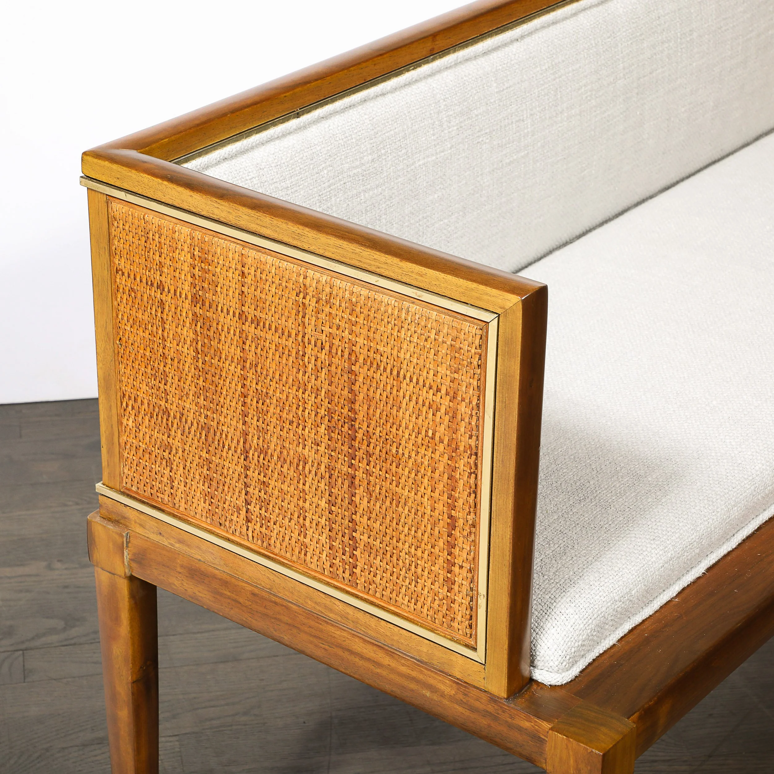 Mid-Century Brass Lined Walnut Settee w: Cane Detailing & Holly Hunt Upholstery - High Style Deco 20.jpg