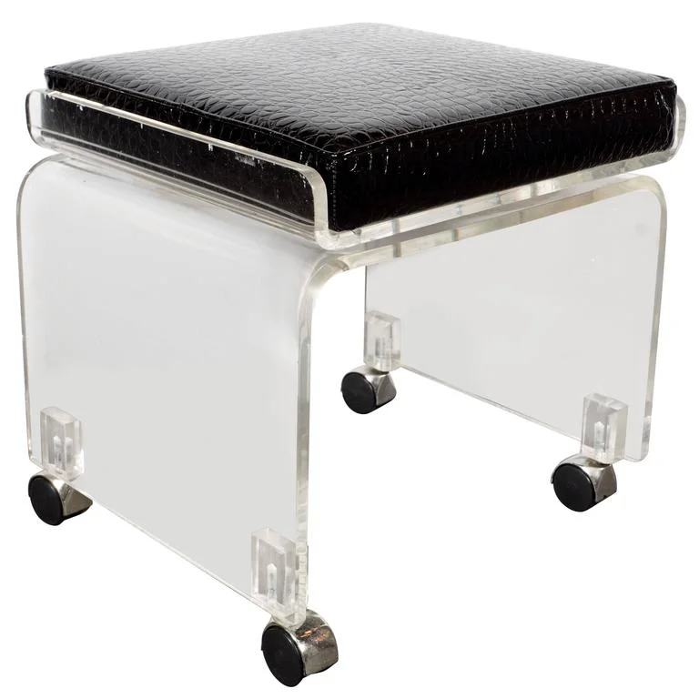 Mid Century Lucite And Black Faux Crocodile Upholstery Swivel Stool Or Bench High Style Deco Mid Century Lucite And Black Faux, Mid Century Modern Lucite Vanity Stool
