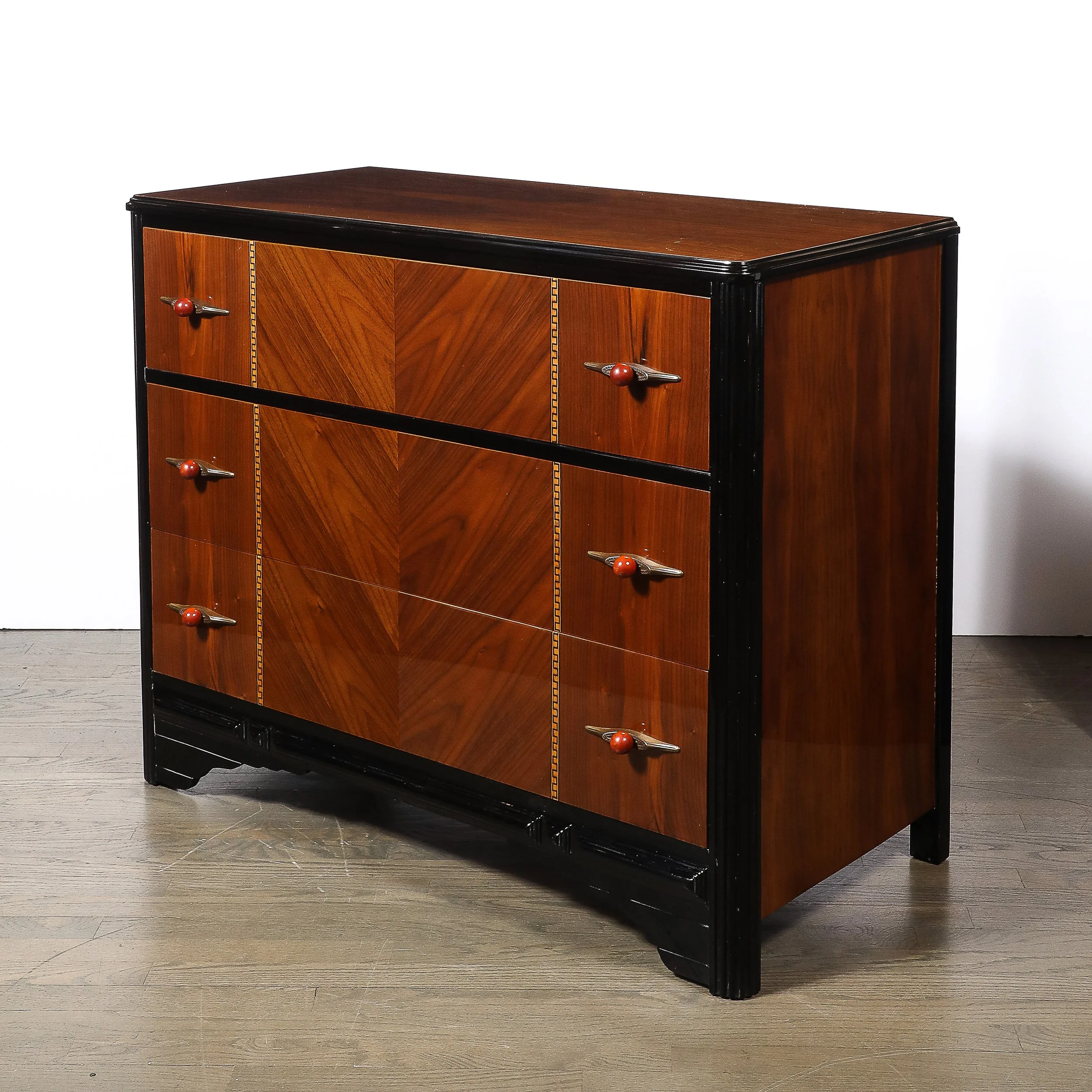 Art Deco Book-Matched Walnut & Black Lacquer Detailed Chest w: Bakelite Pulls - High Style Deco 12.jpg