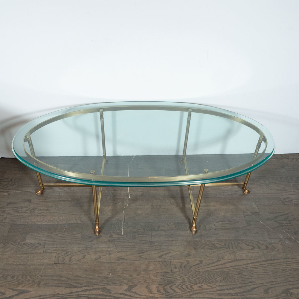Mid Century Modern Brass And Beveled Glass Cocktail Table In The Style Of Jansen High Style Deco
