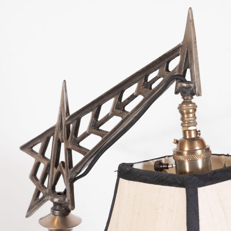 Art Deco Machine Age Skyser Style Aluminum Cubist Floor Lamp With Silk Shade High Art Deco Machine Age Skyser Style, Art Deco Floor Lamp Shades