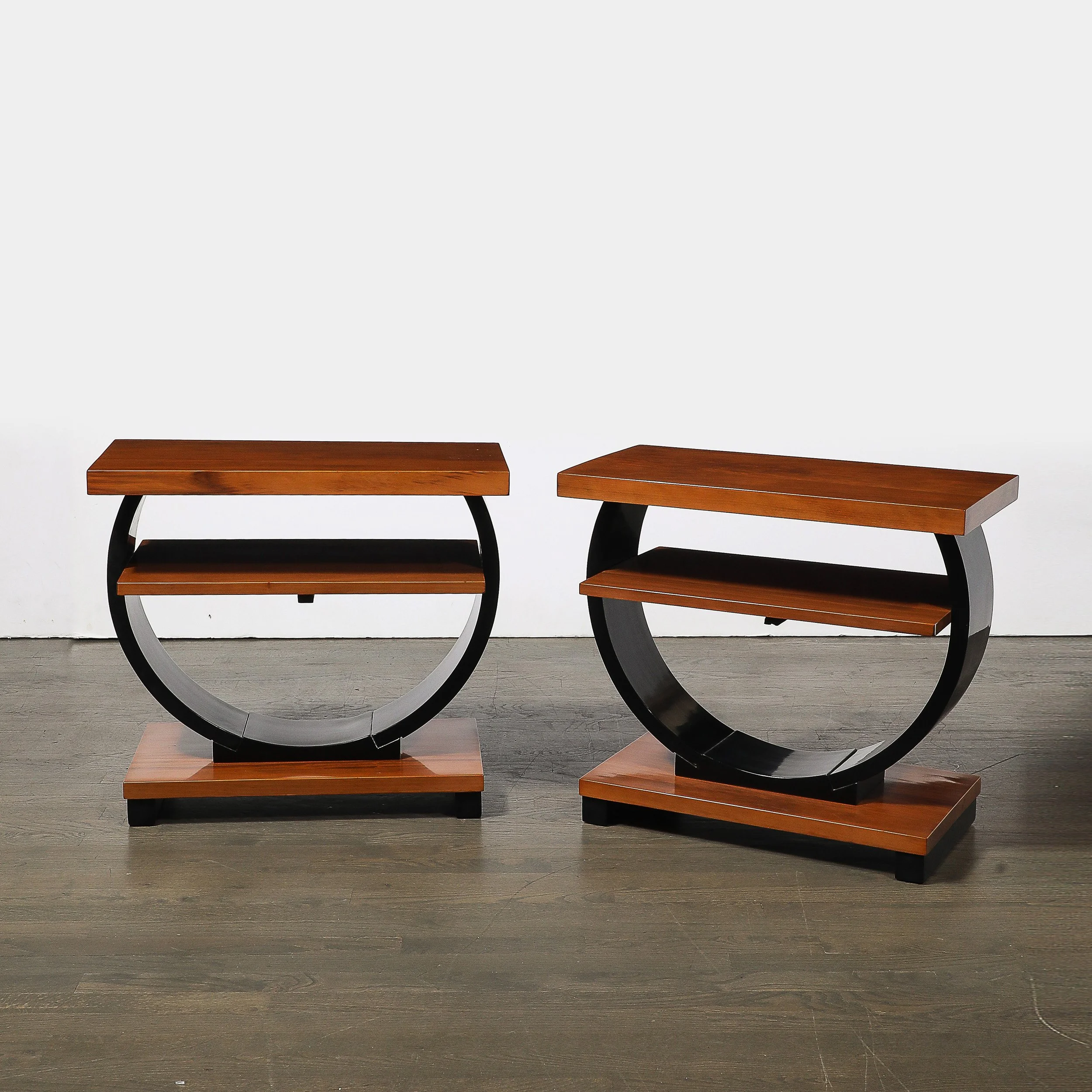 Pair of Art Deco Machine Age Two-Tier Side Tables in Walnut & Black Lacquer - High Style Deco 2.jpg