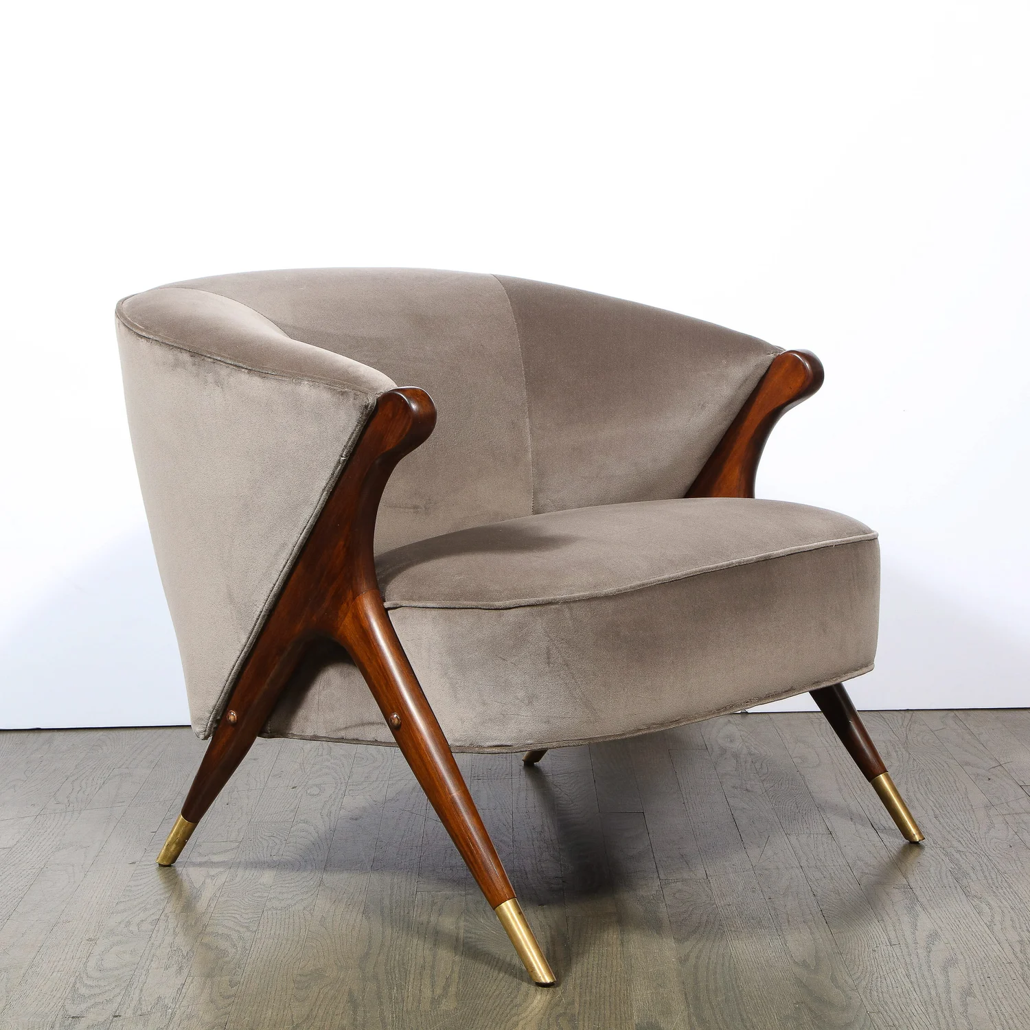 Mid Century Lounge Chair in Walnut Velvet with Brass Detailing