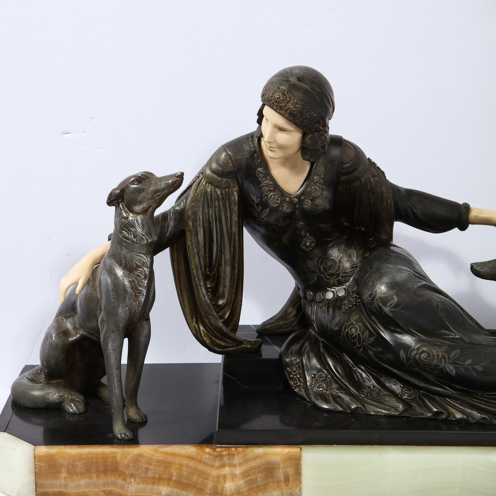 Art Deco Onyx, Bone & Silver Pewter Lady w/ Greyhounds Sculpture, After  Chiparus — High Style Deco