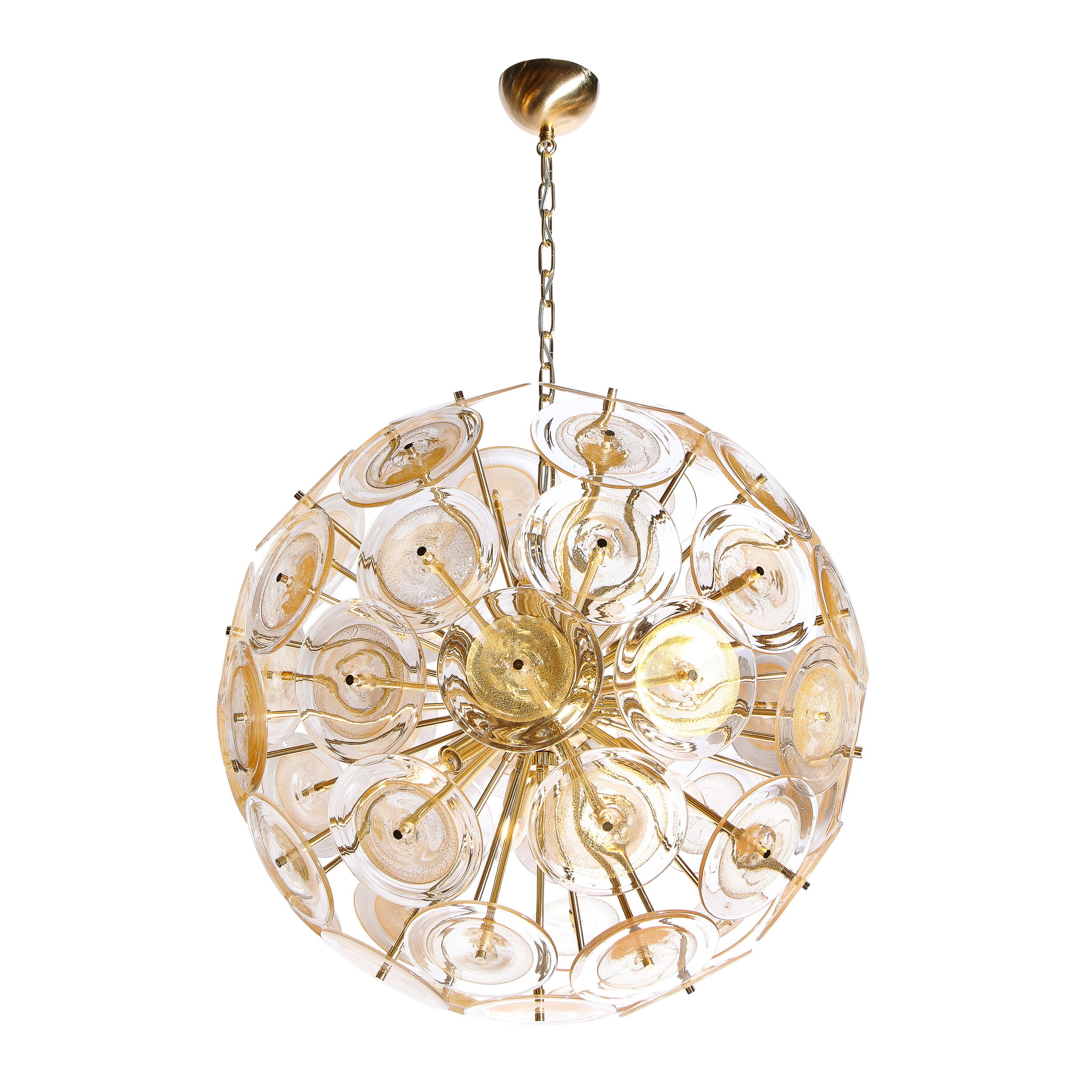 Modernist Brass Sputnik Chandelier W/ Handblown Translucent Murano