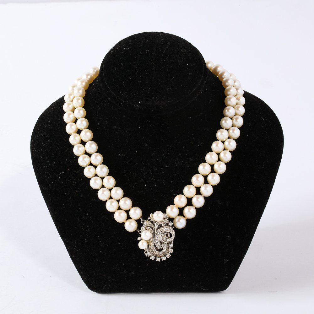 Art Deco Double Strand Pearl Necklace with 14kt Gold, Diamond and