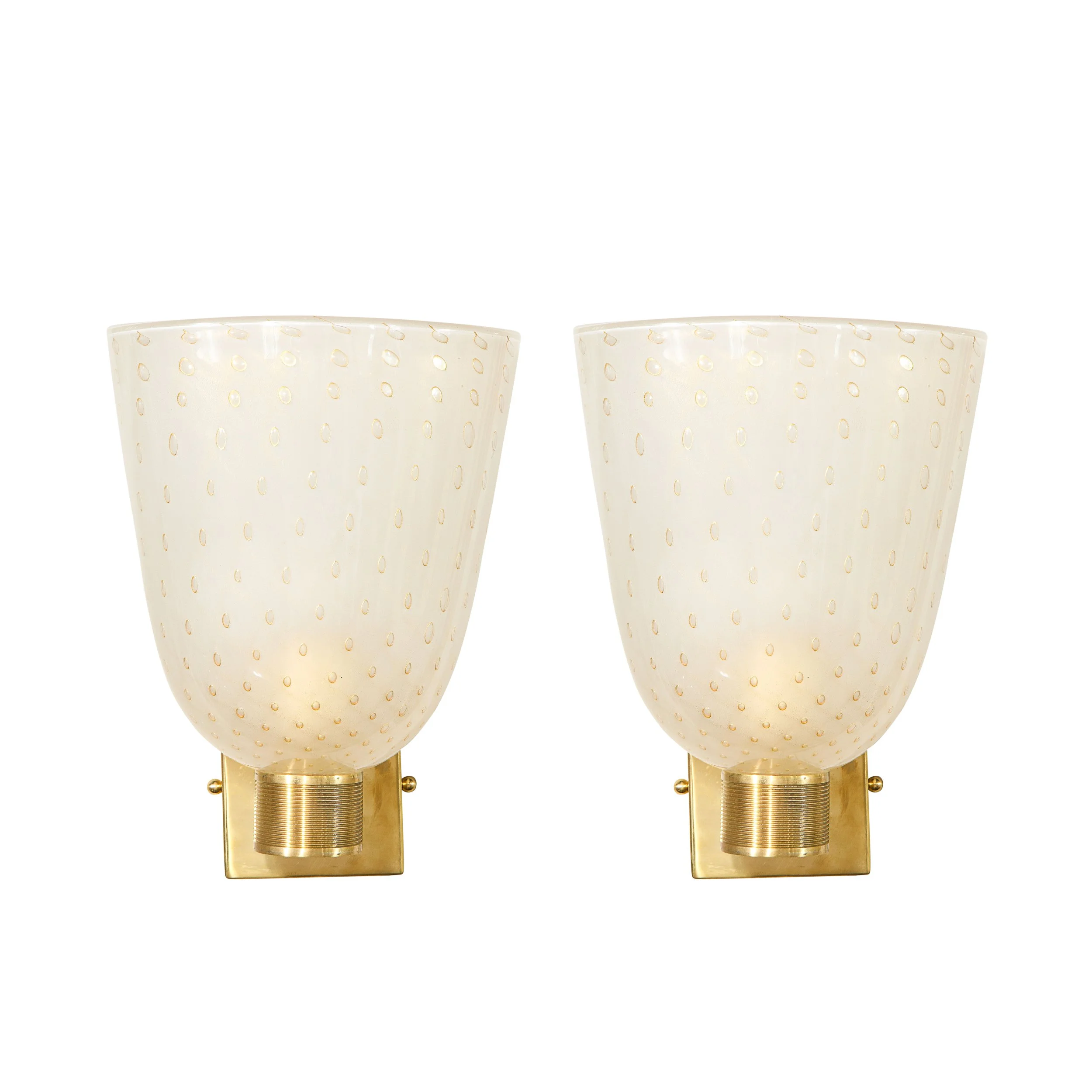 Modernist Handblown Murano Glass and 24kt Gold Sconces with Reeded Brass Arm - High Style Deco.jpg