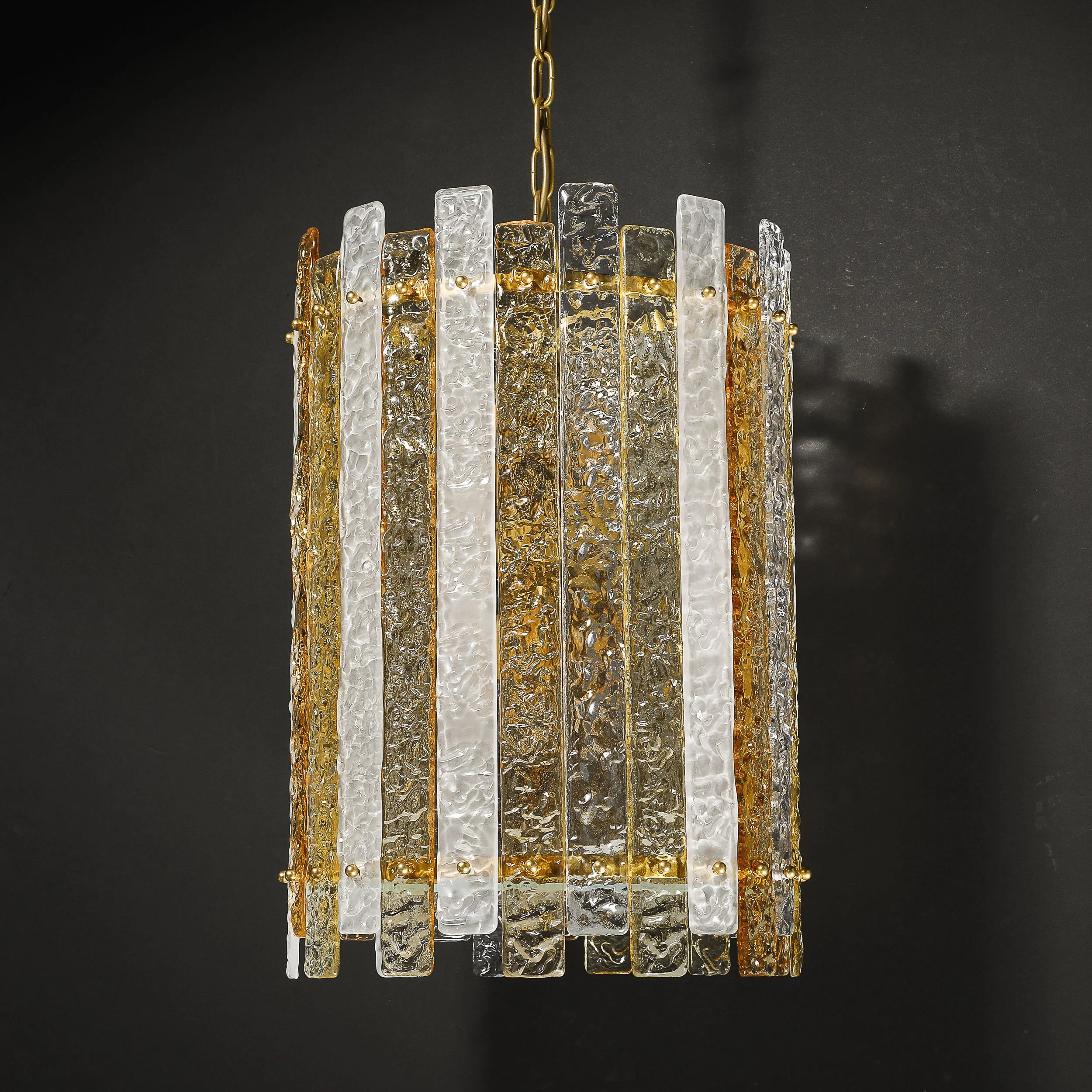 Modernist Hand-Blown Amber and Clear Murano Glass Paneled Cylindrical Chandelier - High Style Deco 17.jpg