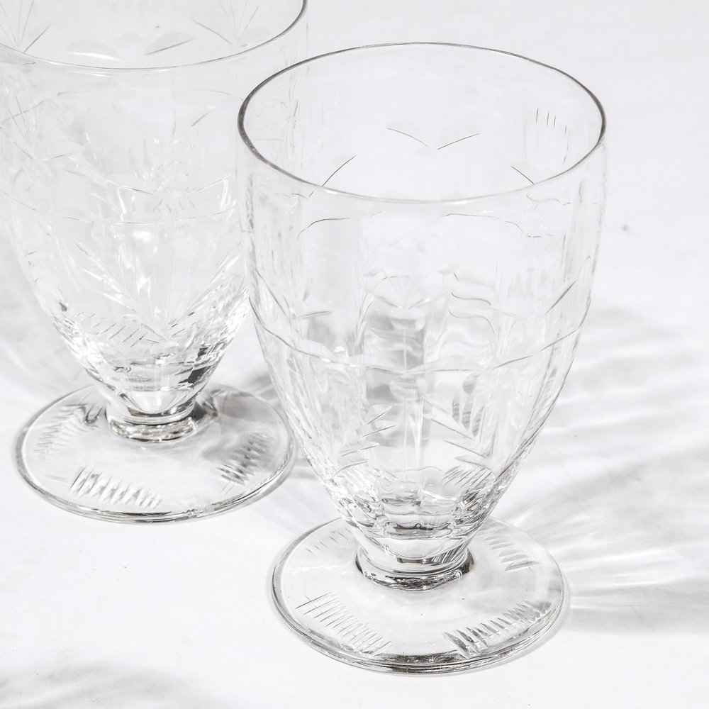 Set of 6 Fine Art Deco Cut Crystal Water Glasses with Foliate