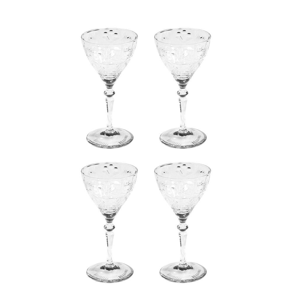 Set of 4 Art Deco Cut Crystal Cocktail Glasses with Foliage Motifs