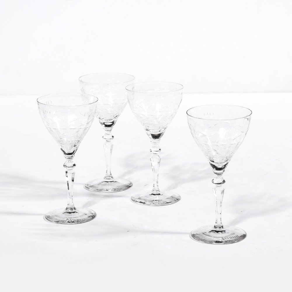 Set of 4 Art Deco Cut Crystal Cocktail Glasses with Foliage Motifs