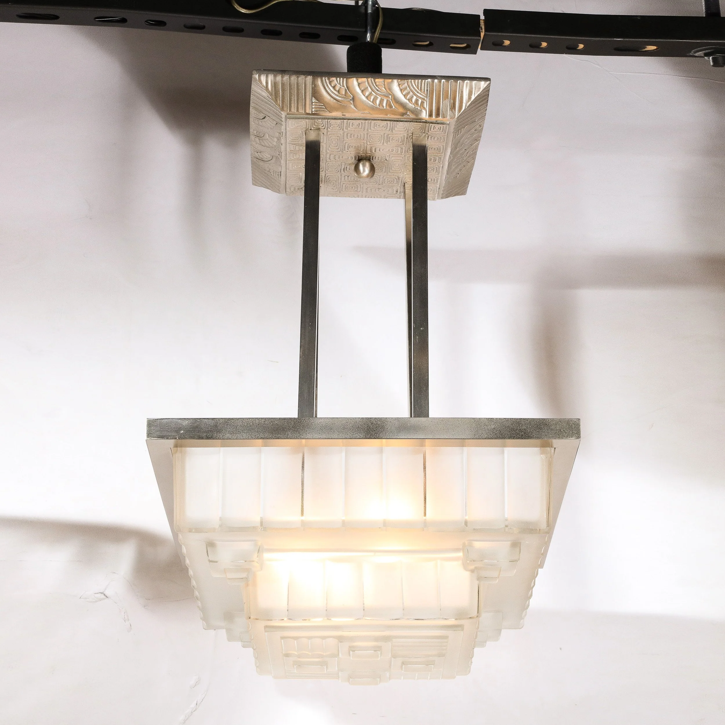 Art Deco Chandelier in Frosted Glass and Silvered Bronze w: Reverese Pyramidal Skyscraper Detailing, signed Sabino - High Style Deco 2.jpg