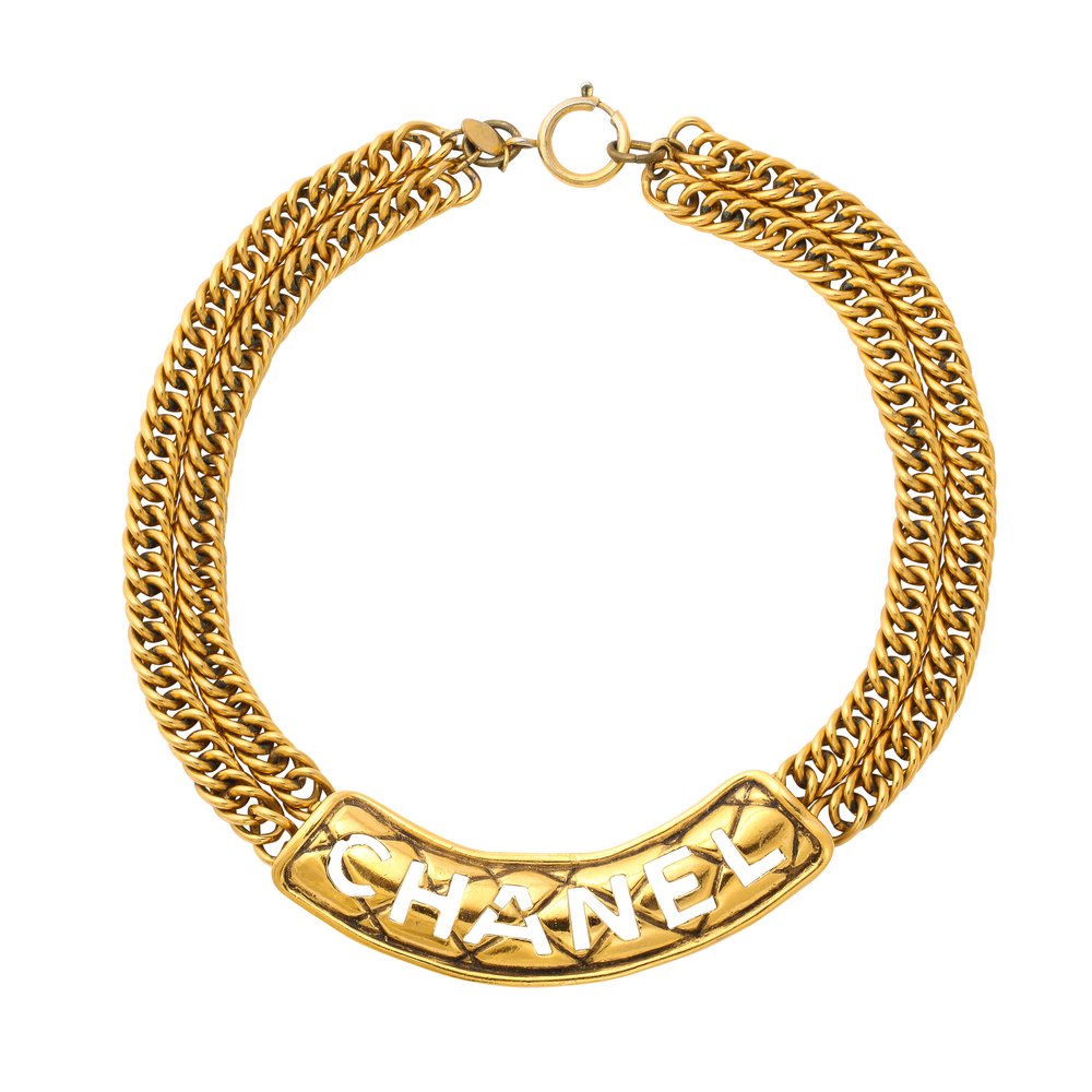 Vintage CHANEL Quilted Cut Out Plate Double Chain Necklace 