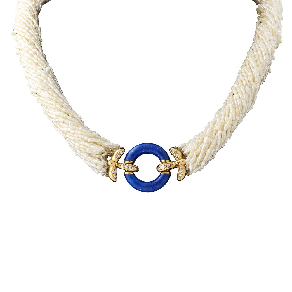 Art Deco Style Seed Pearl Multi Strand Necklace with Lapis, Gold & Diamond  Clasp — High Style Deco