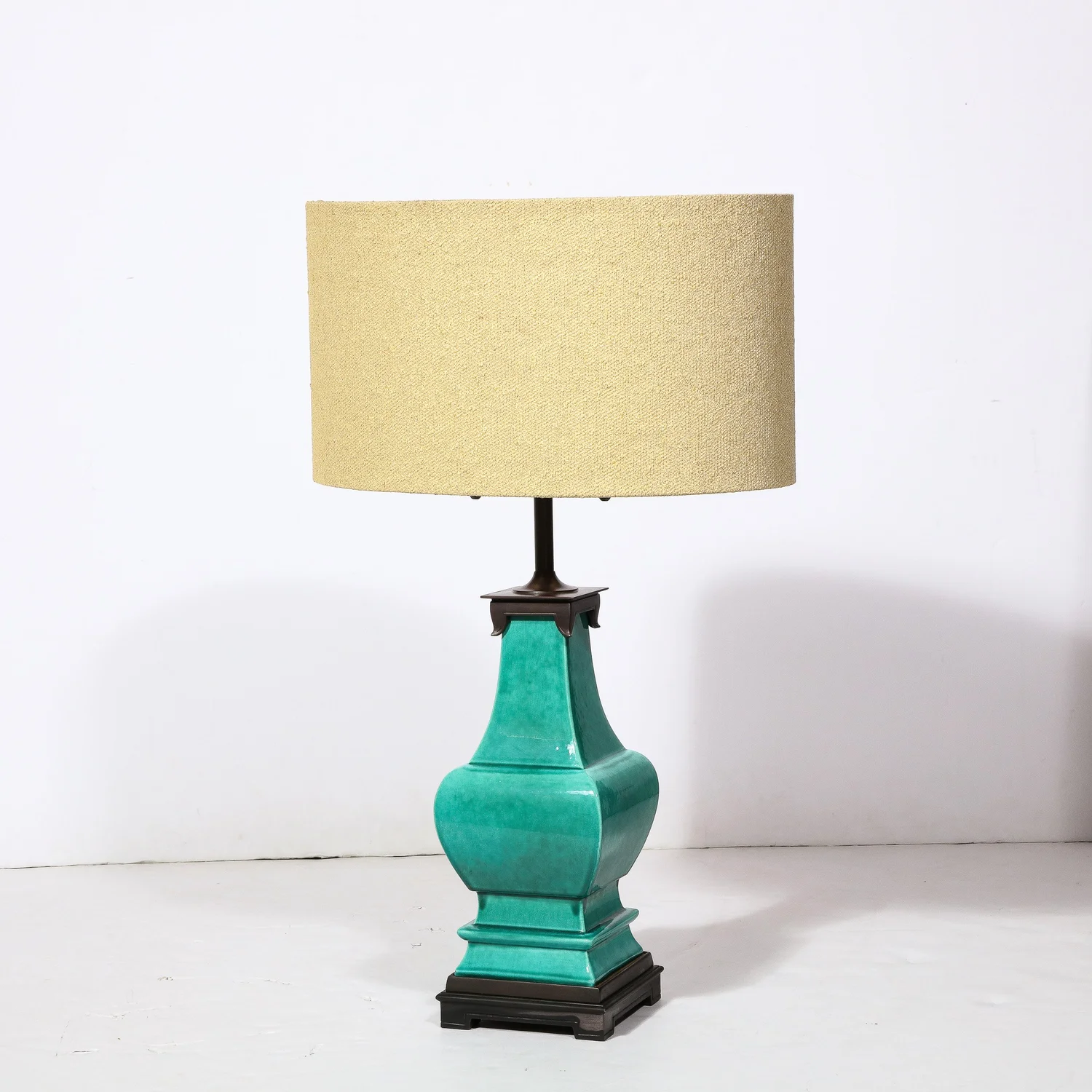 Mid-Century Modernist Ceramic Turquoise Jade Table Lamps w/ Bronze Fittings  — High Style Deco