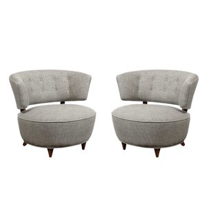 Pair of Art Deco Walnut Holly Hunt Upholstery Lounge Chairs by Gilbert  Rohde — High Style Deco - Main Image