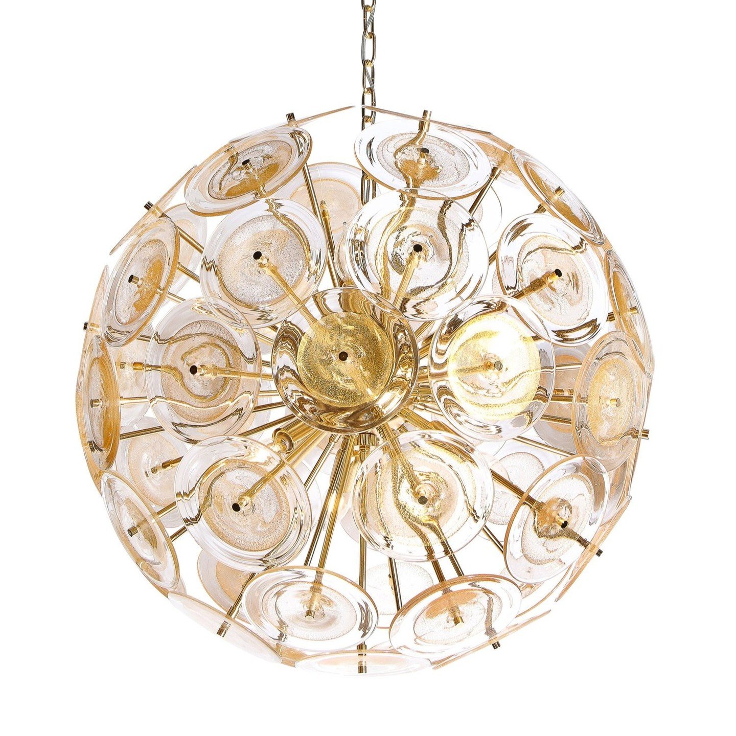 Modernist Brass Sputnik Chandelier W/ Handblown Translucent Murano Glass Discs

This dramatic and graphic Sputnik was realized in Murano, Italy- the island off the coast of Venice renowned for centuries for its superlative glass production. It featur