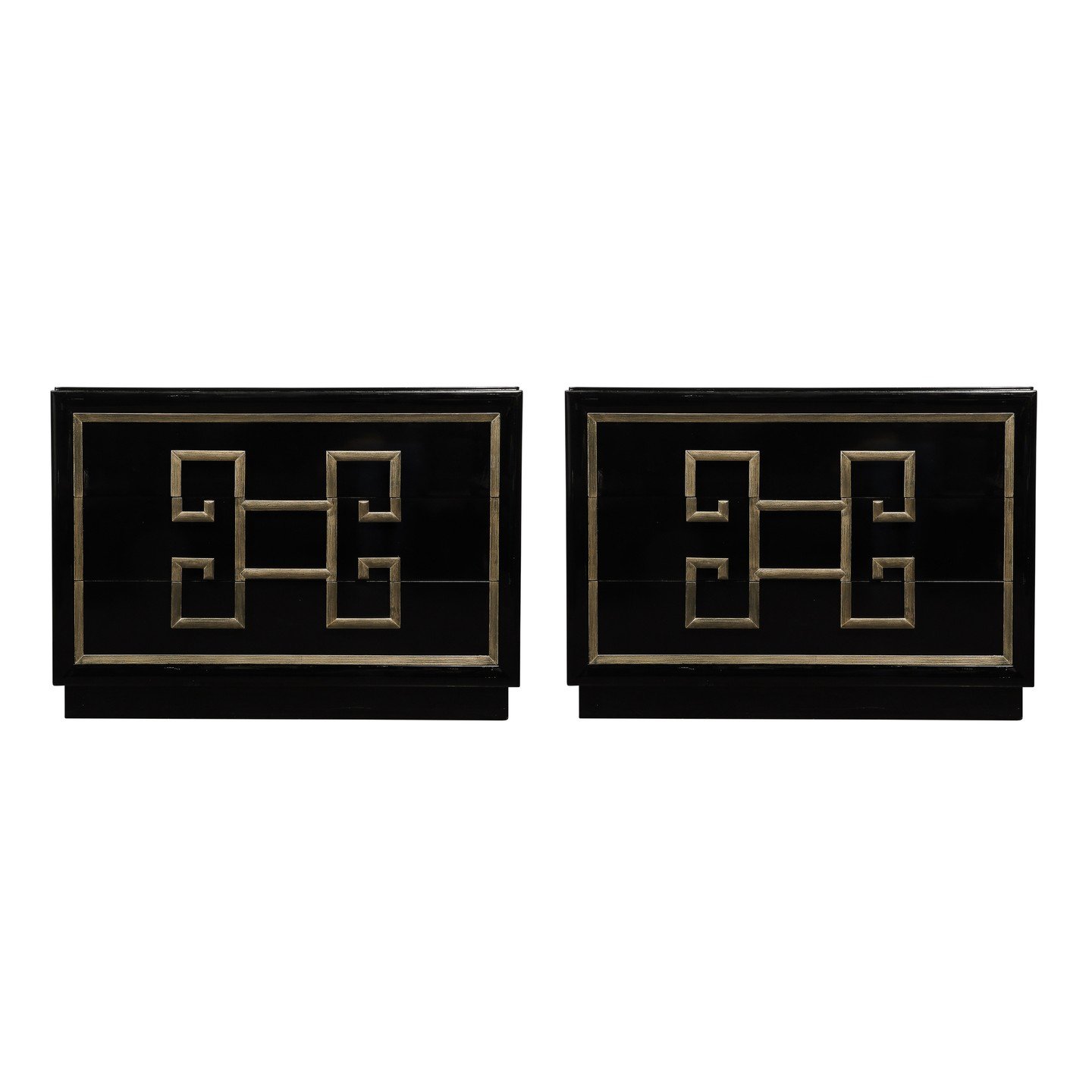 Pair of Mid-Century Modernist &quot;Mandarin&quot; Black Lacquer Low Chests by Kittinger

This bold and thoughtfully composed Pair of Mid-Century Modernist &quot;Mandarin&quot; Low Chests in Black Lacquer with Antique White Gold Greek Key Detailing a