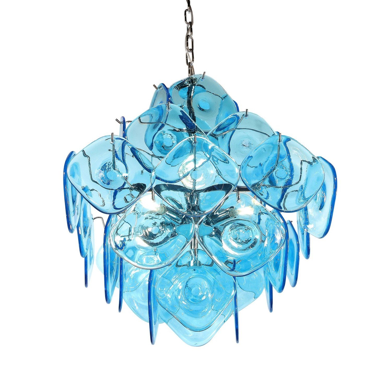 Modernist Pagoda Form Hand-Blown Cerulean Blue Murano Glass Chandelier

This Modernist Pagoda Form Hand-Blown Cerullean Blue Murano Glass Chandelier originates from Murano Italy during the latter half of the 20th century. Features of five tier pagoda