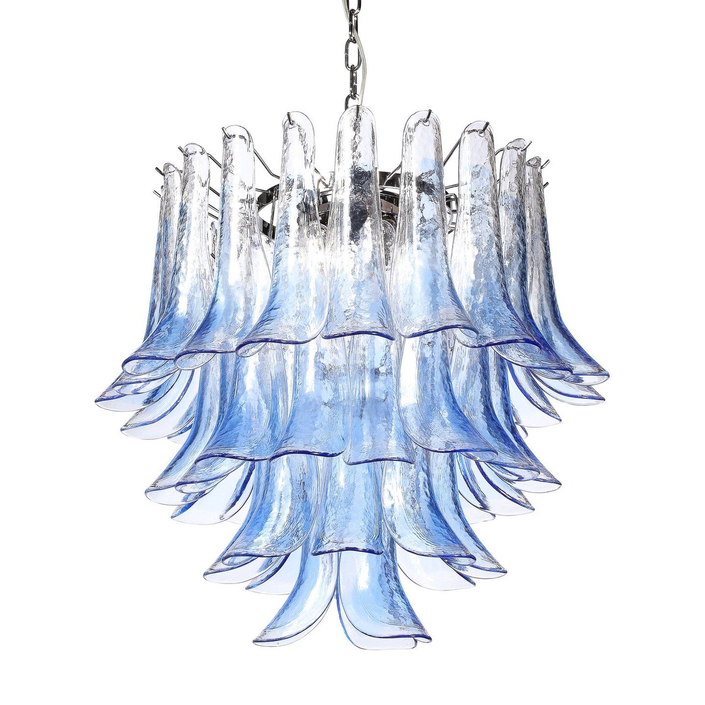 Modernist Four-Tier Hand-Blown Translucent Blue Murano Glass Feather Chandelier

This lovely Modernist Hand-Blown Murano Glass Four-Tier Feather Chandelier in Cornflower Blue Originates from Italy during the Latter half of the 20th Century. With a ch