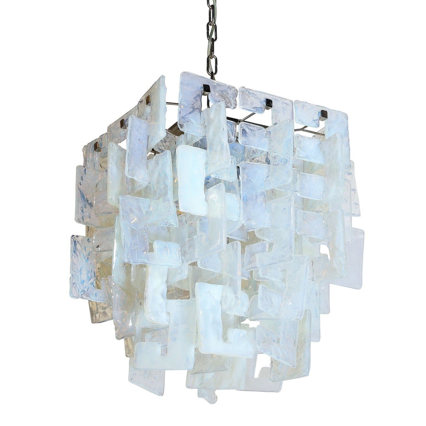 Modernist Hand-Blown Murano Mottled &amp; Opalescent Interlocking Glass Chandelier

This stunning modernist chandelier was realized in Murano, Italy- the island off the coast of Venice renowned for centuries for its superlative glass production. It f