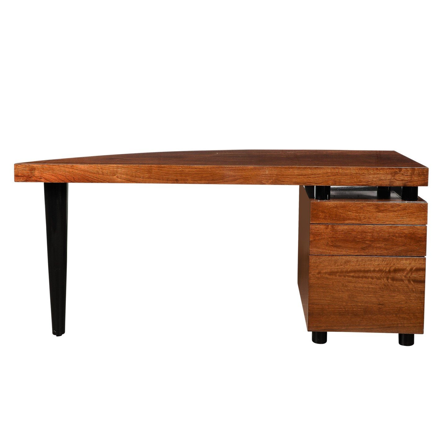 Mid-Century Bookmatched Walnut W/ Tapered Leg Boca Desk by Leon Rosen for Pace

This unique and brilliantly proportioned Mid-Century Modernist Boca Desk in Bookmatched Walnut W/ Tapered Black Lacquer Support is by Leon Rosen for Pace and originates f
