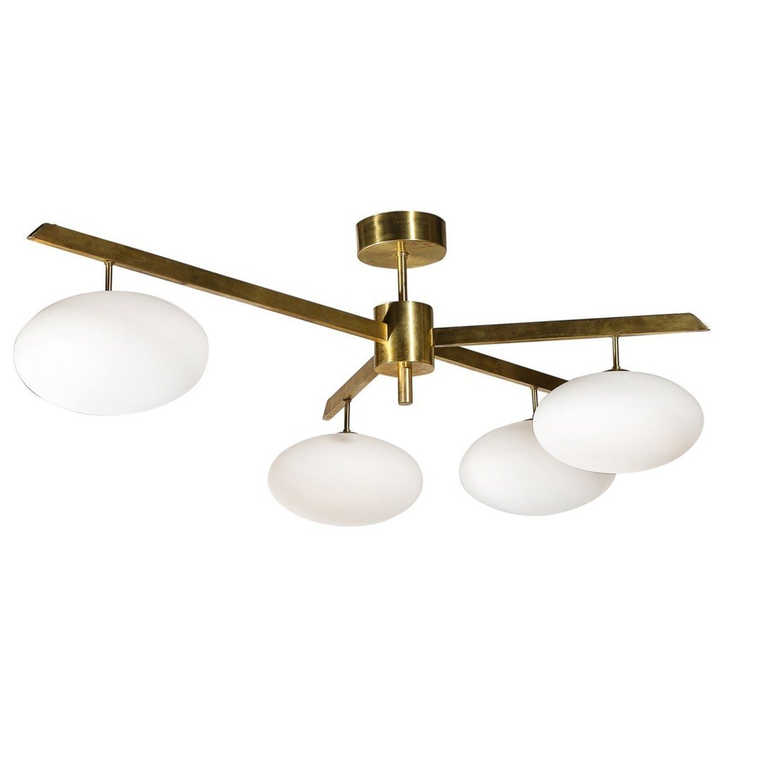 Modernist Asymmetrical Brushed Brass &amp; Frosted Glass Four-Arm Globe Chandelier

This stunning Modernist Asymmetrical Brushed Brass &amp; Frosted Glass Four-Arm Globe Chandelier in the Manner of Arredoluce originates from Italy during the 21st Cen